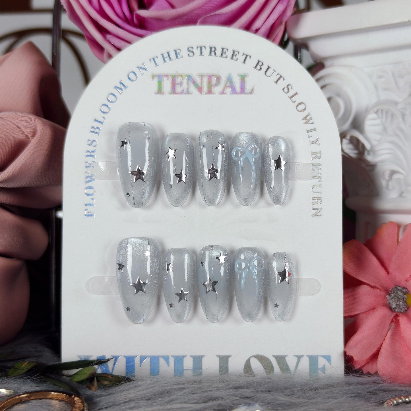 TENPAL Icy Blue Glass Bead Cat Eye Press on Nails Medium Oval with Starlight Bow, Blushing Ombre & Handmade, Reusable Sheer Celestial False Nails for Daily Aura(XS)
