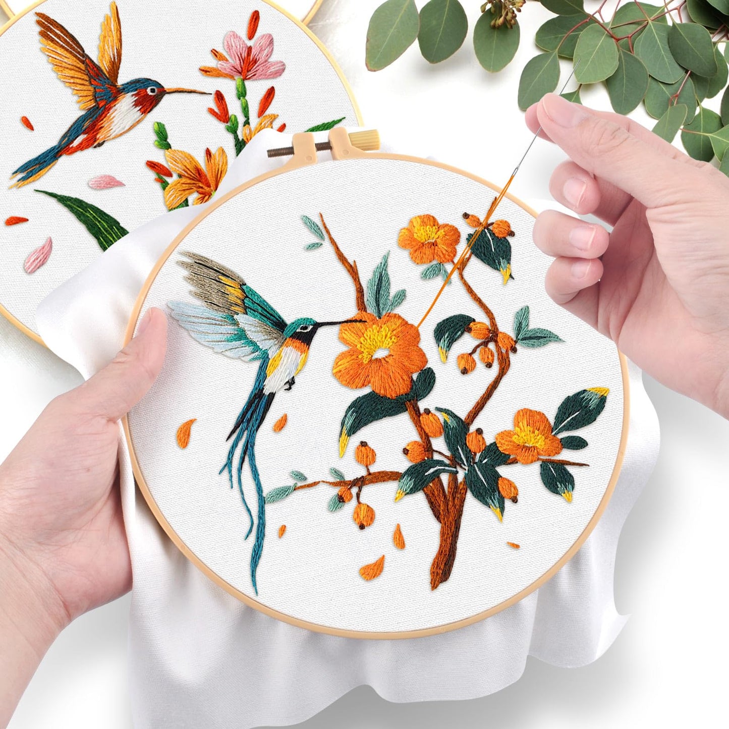 ERKOON 3 Sets Embroidery Kit, Hummingbird Cross Stitch Set for Include Embroidery Cloth Hoops Threads for Craft Lover Hand Stitch (Hummingbird)