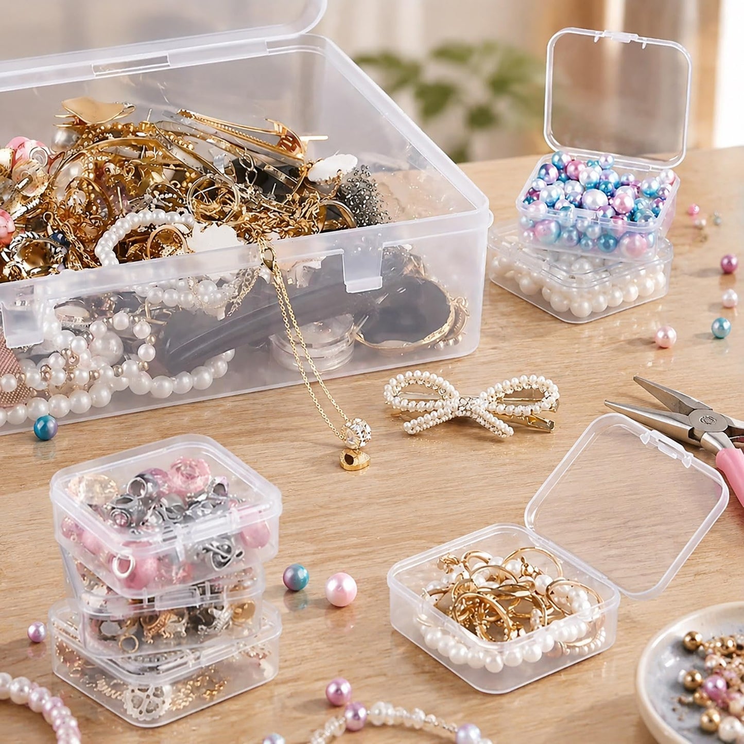YYGMSS Bead Organizer Box, 30Pcs Small Plastic Boxes Bead Containers Nail Organizers and Storage Clear Dimond Storage with Hinged Lid and Stackable for Jewelry Nails Seeds with 66 Label