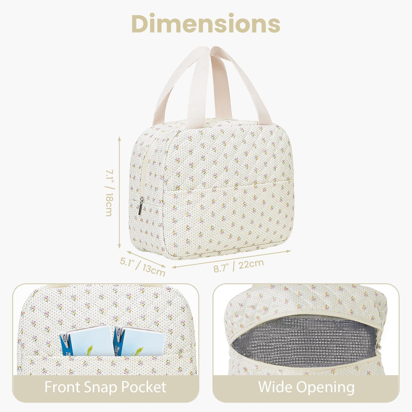 BBIQI Floral Quilted Lunch Bag for Women Cute Lunch Tote Insulated Leakproof Lunch Box Reusable Cooler for Work, Picnic