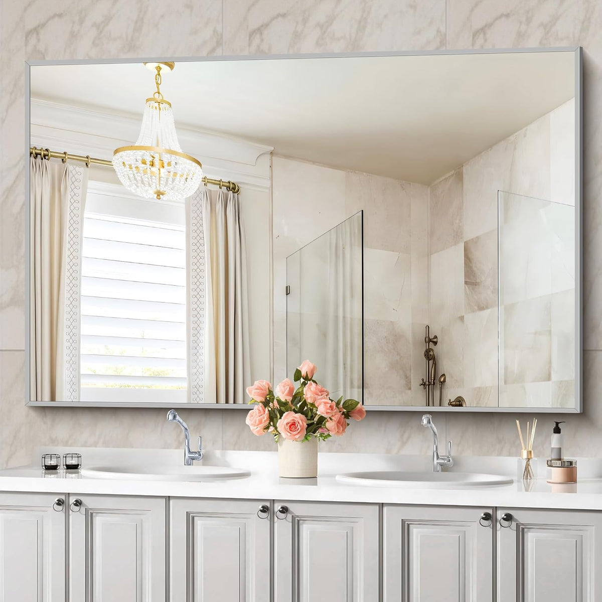 36x55inch Bathroom Mirror, Silver Rectangle Mirror with Thin Metal Frame, Large Rectangular Wall Mirrors for Bathroom, Living Room, Hair Salon, Big Mirror Hang Horizontal/Vertical
