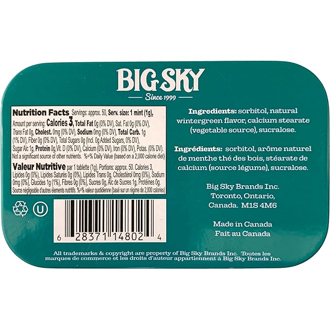 Big Sky Sugar Free Wintergreen Mint Candy, 50g Tin - 6 Count Display Tray