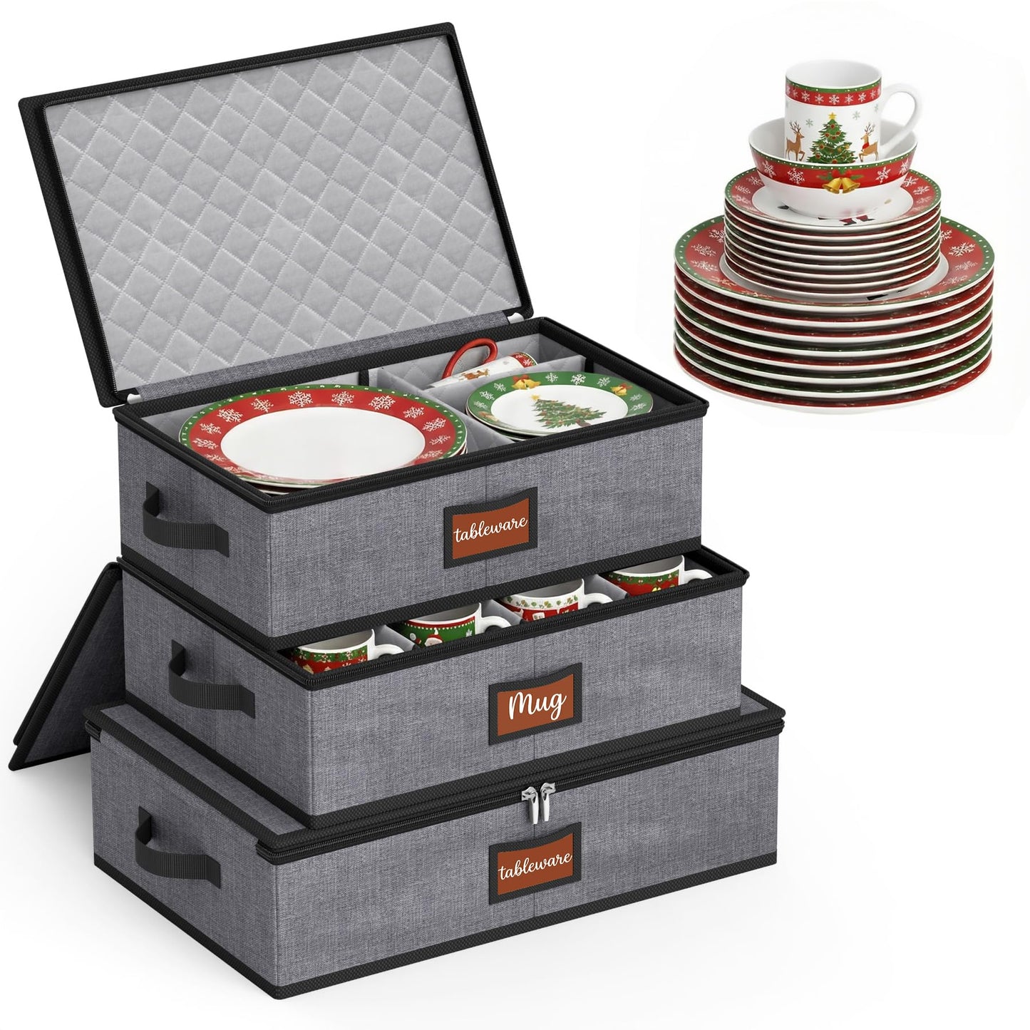 MISSLO Large Capacity China Storage Containers Hard Shell Plate Storage Containers, Kitchen Packing Moving Boxes for Dishes, Dinnerwares, Mugs Protectors, Grey, 3 Piece Set