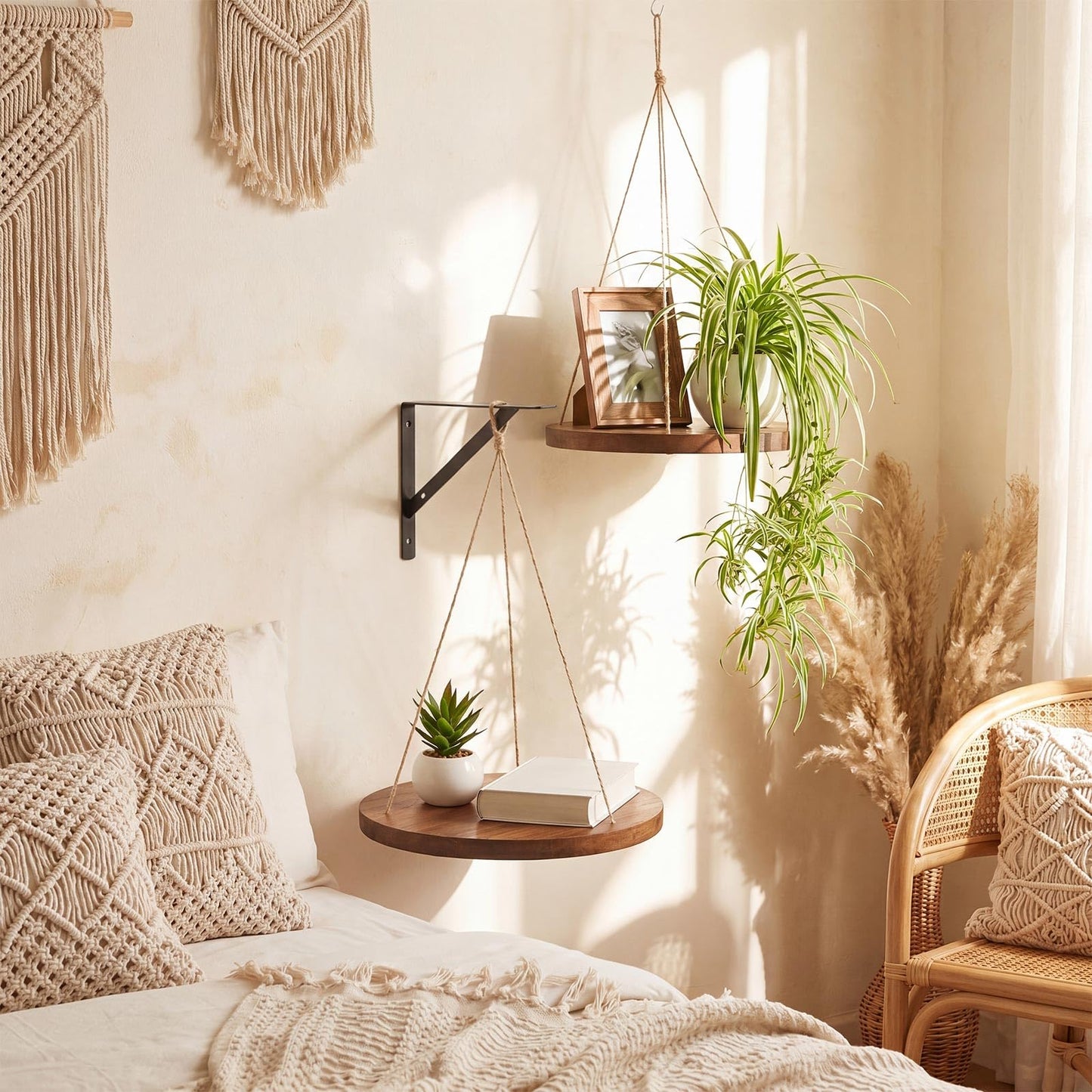 Xuhal 2 Set Hanging Plant Shelf Macrame Plant Hanger Indoor Natural Solid Wood Hangers Shelf with Rope Hanging Floating Shelves Display Planter Rack Decorative Flower Pot Holder Tray Boho Home Decor
