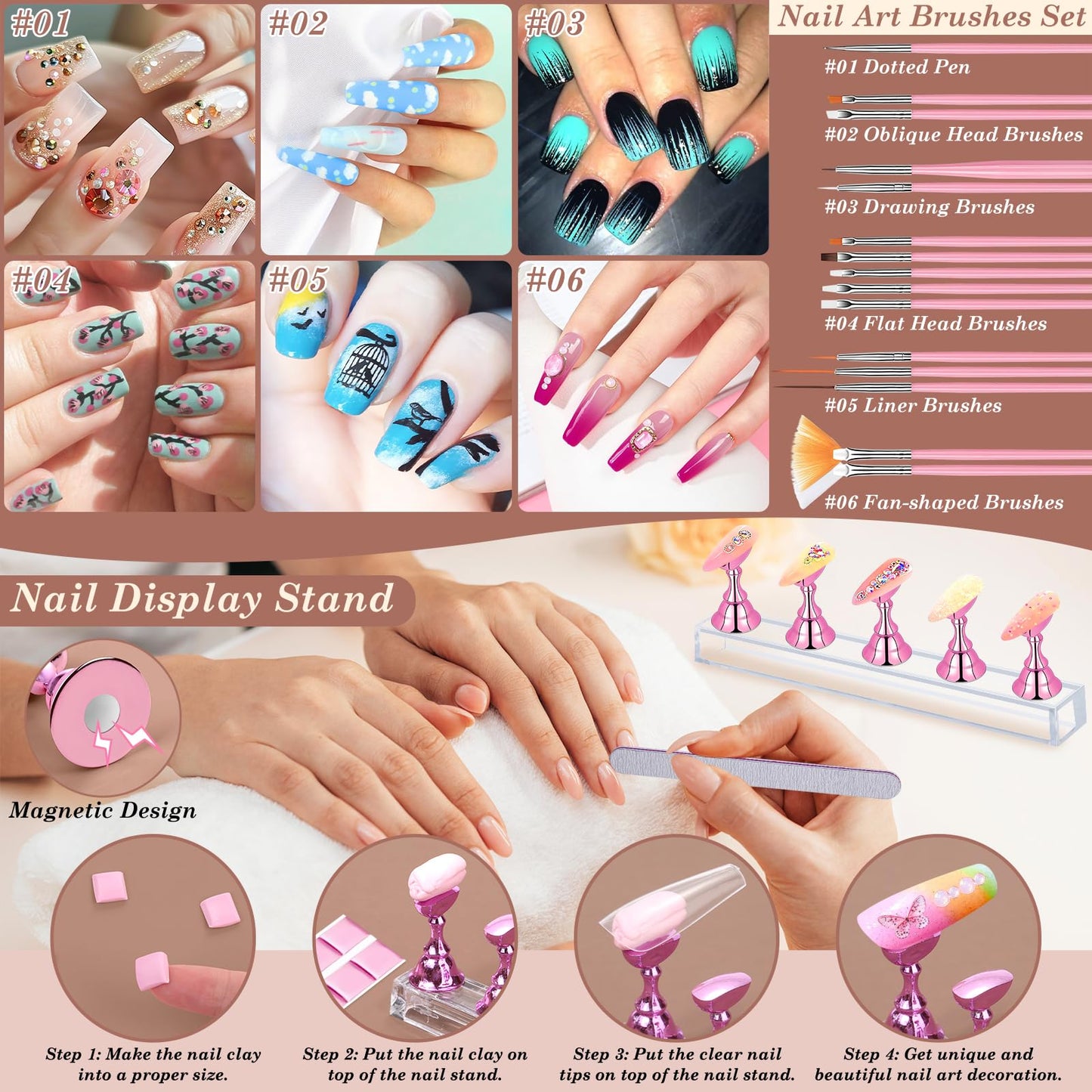 600PCS Clear Coffin Nail Tips and 240PCS Short Press On Nails Set, Clear Acrylic Nail Tips with Glue, Nail Art Brushes and Nail Display Stand, Nail Tips for Salons and Home DIY Nail Art