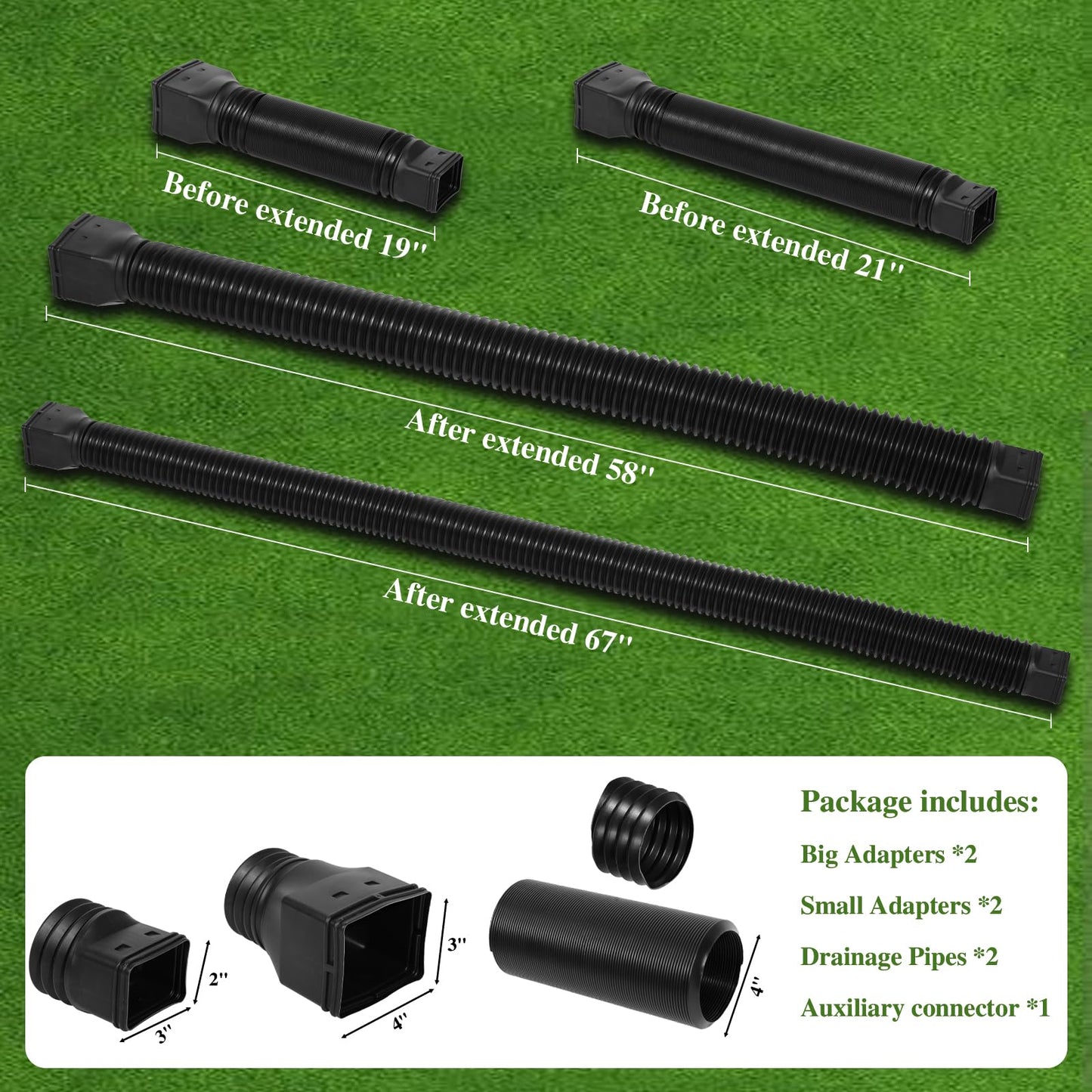Gutterlix Flexible Gutter Downspout Extensions, Connectable Downspout Extender with 58"+ 67" Extendable Pipe, Thickened Down spout Drain Extension for Rainwater Drainage(2 Pack, Black)