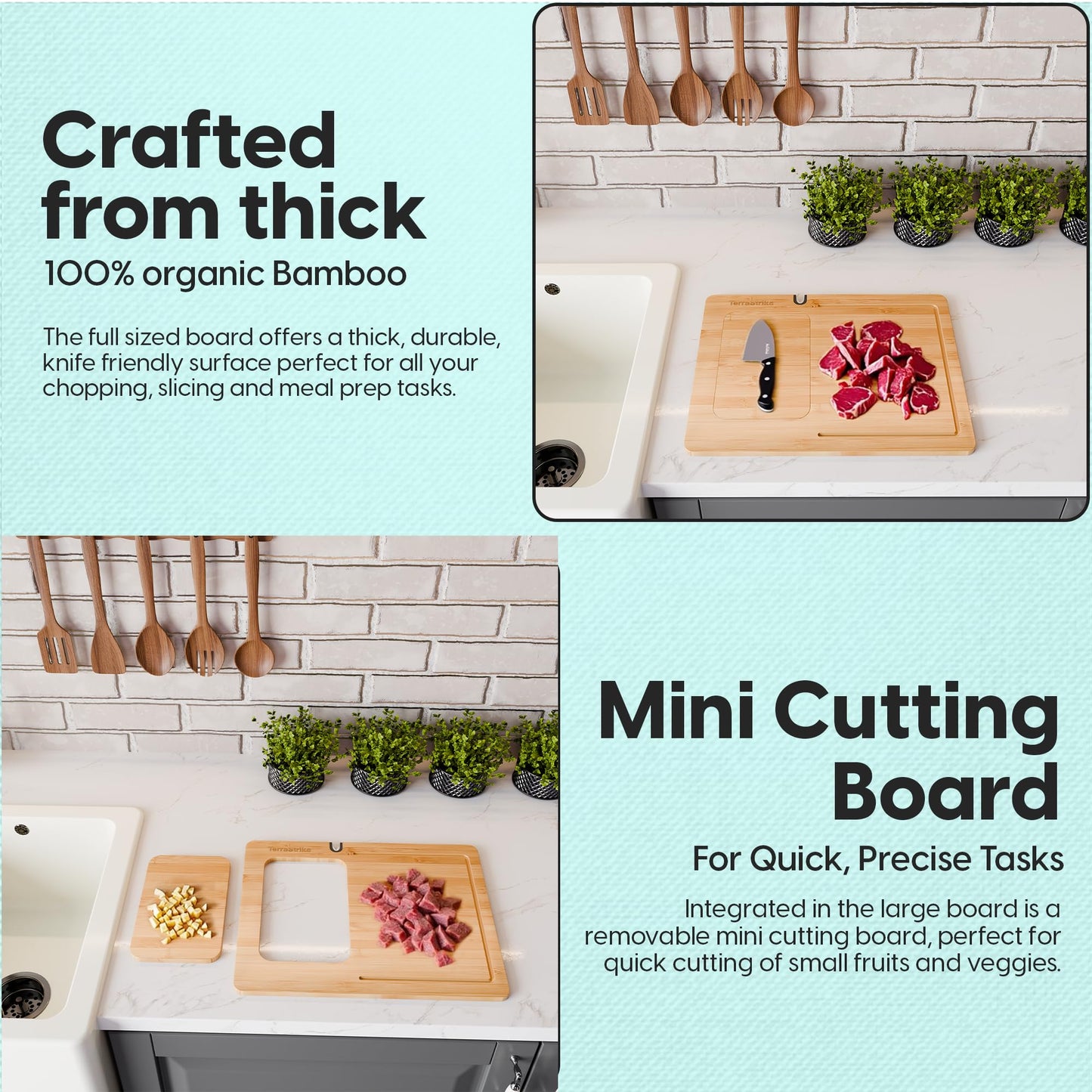 TerraStrike Bamboo Cutting Board Set with Knife Sharpener – Thick Wood Boards with Juice Groove, Silicone Container & Handles Non-Toxic Over Sink Design Ideal Kitchen Gifts