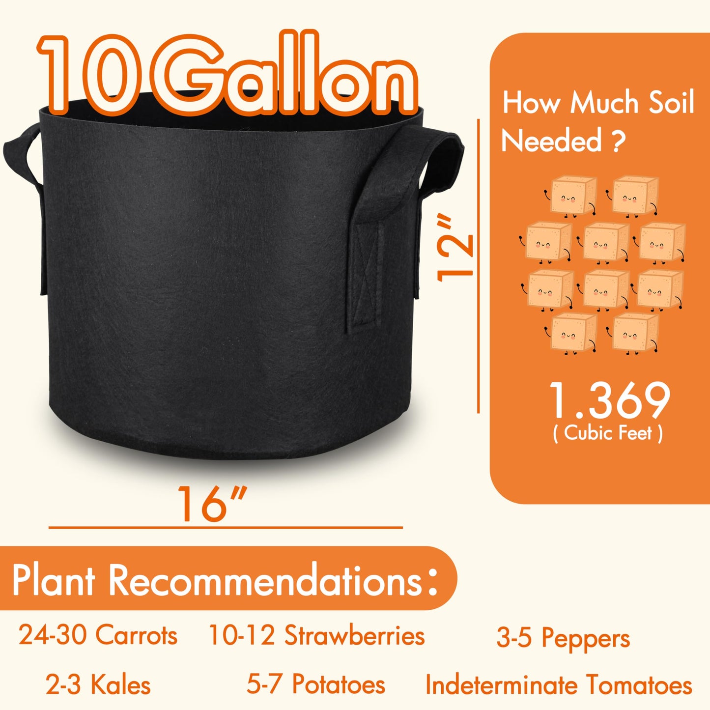 Gardzen 10 Gallon Grow Bags with Waterproof Liner, 500G Thick Nonwoven Fabric Pots, Cuts Watering by 50% in Hot Dry Climates, for Patio Balcony Use (6-Pack)