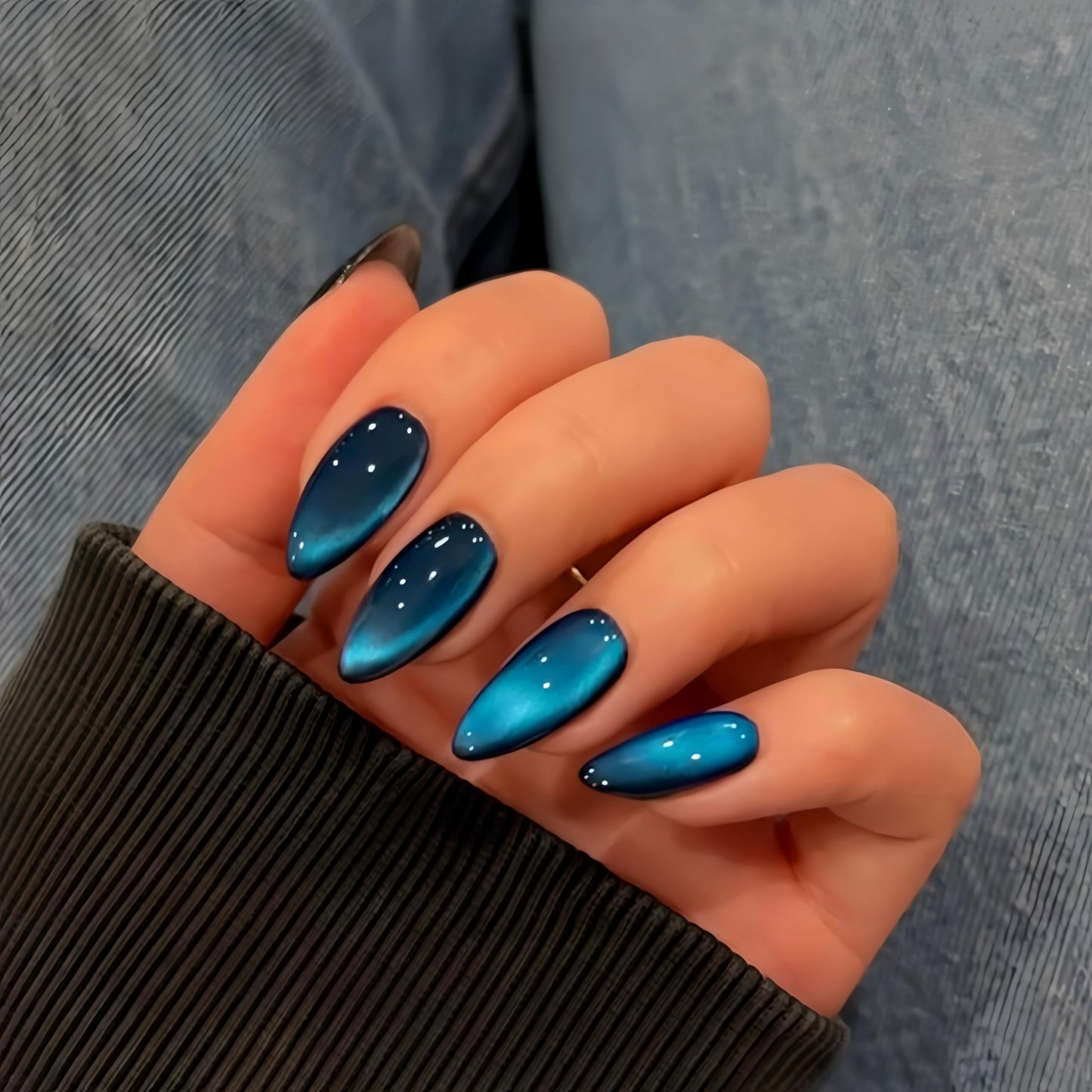KQueenest Cat Eye Press on Nails Almond, Glitter Dark Blue Fake Nails Medium, Sparkly Nails Press on, Shiny Acrylic Nails, Cute Bling Black Glue on Nails Stick on Nails for Women Small Hand, 30 Pcs