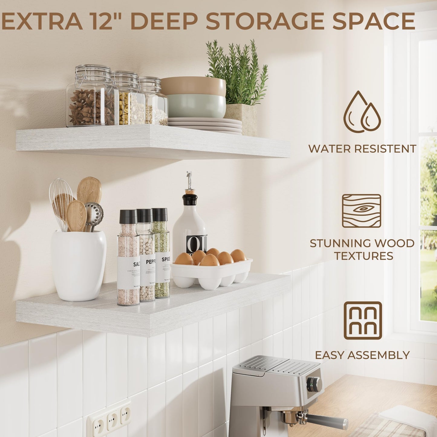 RICHFOCUS Deep Floating Shelves for Wall 2 Pack 12" D 24 Inch Wall Shelves for Room Wall|Wood Hanging Shelf with Invisible Brackets for Bathroom Bedroom Kitchen Laundry Room, White