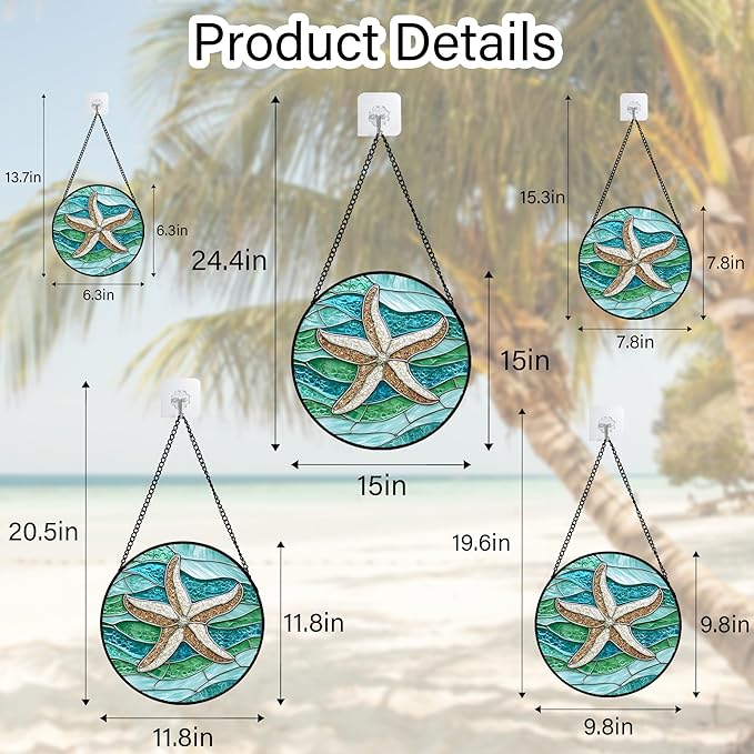 Stained Glass Window Hanging Teal Sea Waves Starfish 7.8" - Suncatcher Door Garden Sun Catcher Home Decor Birthday Mother's Day for Mom Men Woman Parents Her Child Nana