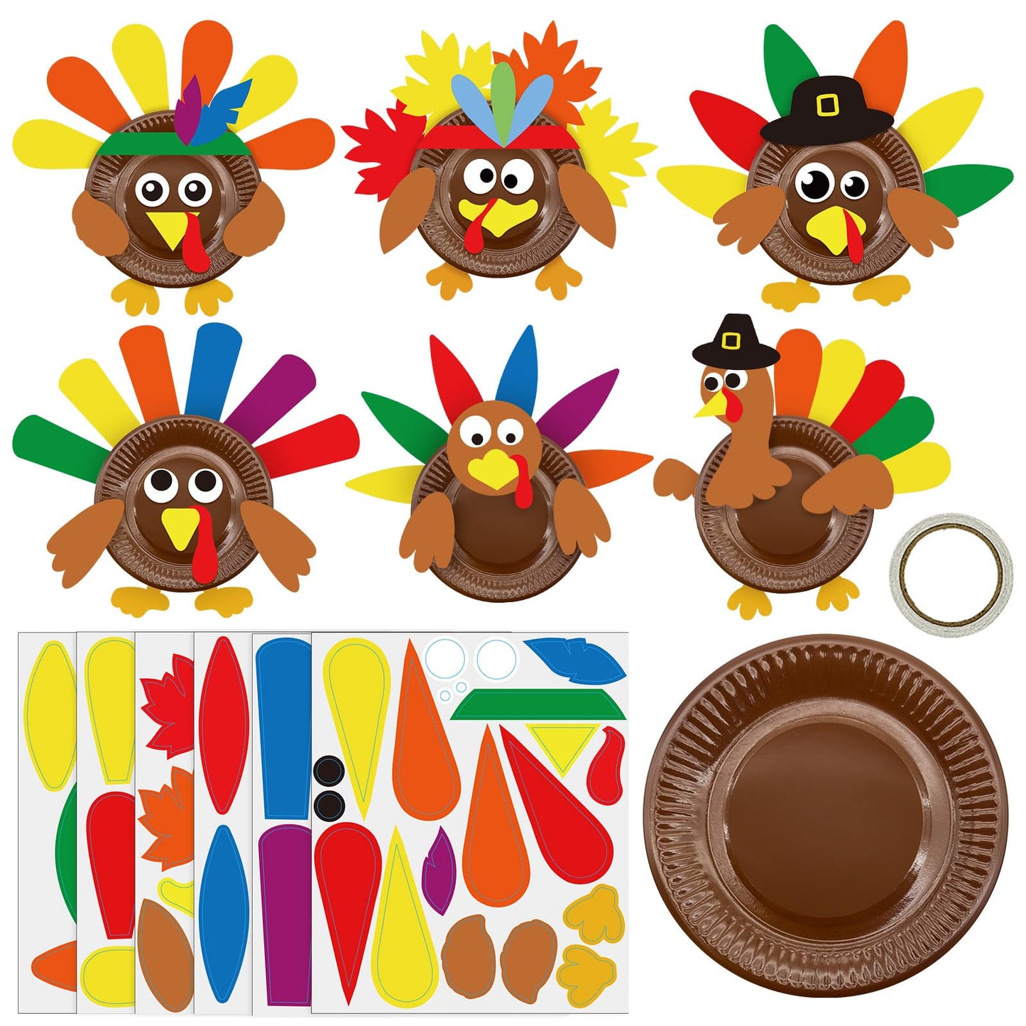 Cinrobiye 24 Sets Thanksgiving Turkey Craft Kits Fall Thanksgiving Ornaments Decorations Art Sets DIY Autumn Make a Turkey Crafts Stickers Arts and Crafts for Fall Party Classroom Activities (Cute)