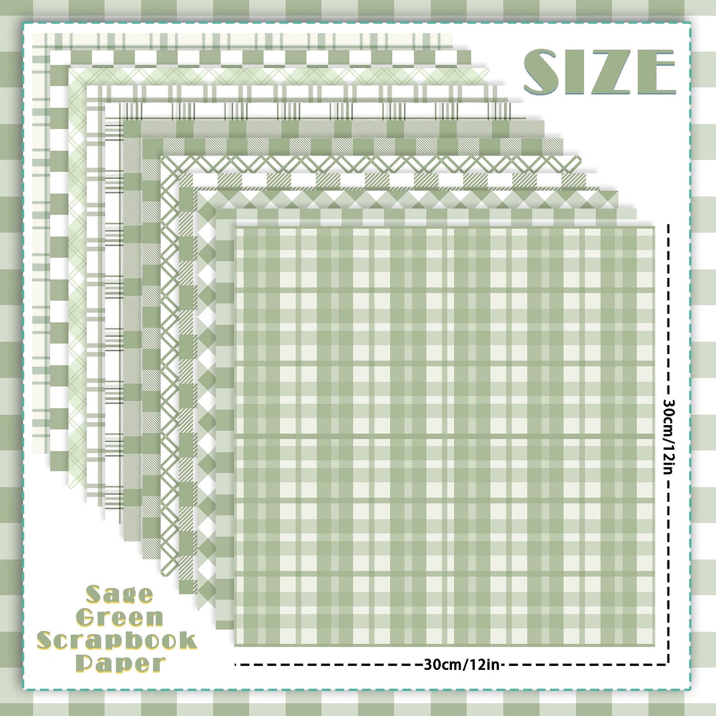 24 Sheets Sage Green Plaid Scrapbook Paper, Double Side Greenery Lattice Patterns Decorative Craft Paper Folded Flat for Spring Easter Birthday Card Making Baby Showers Photo Album Decor, 12'' x 12''