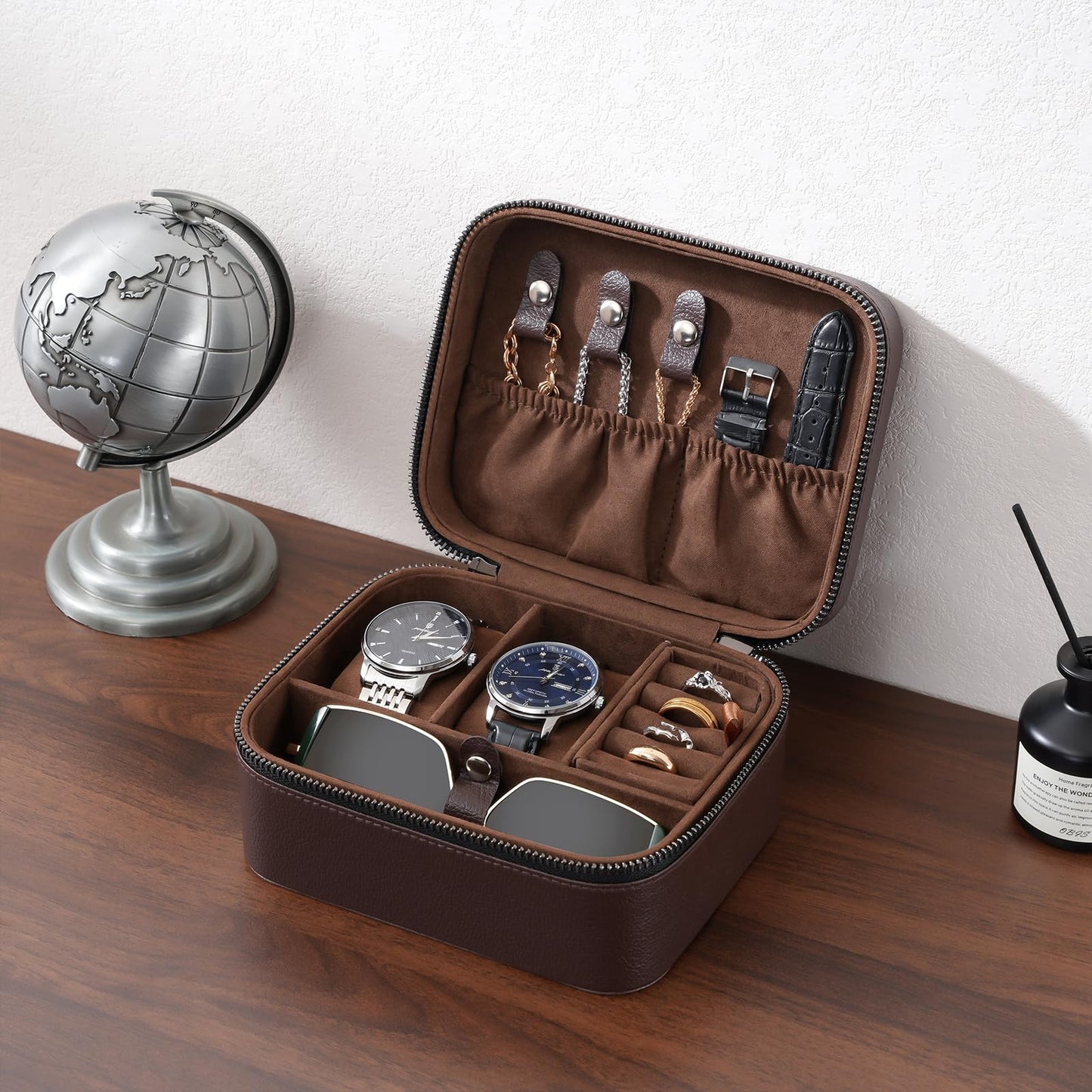 ProCase Travel Watch Case, 2 Slots PU Leather Mens Jewelry Box, Portable Watches Cufflinks Accessories Storage Case, Zippered Carrying Organizer Bag for Man, Valentine's Day Gift -Brown