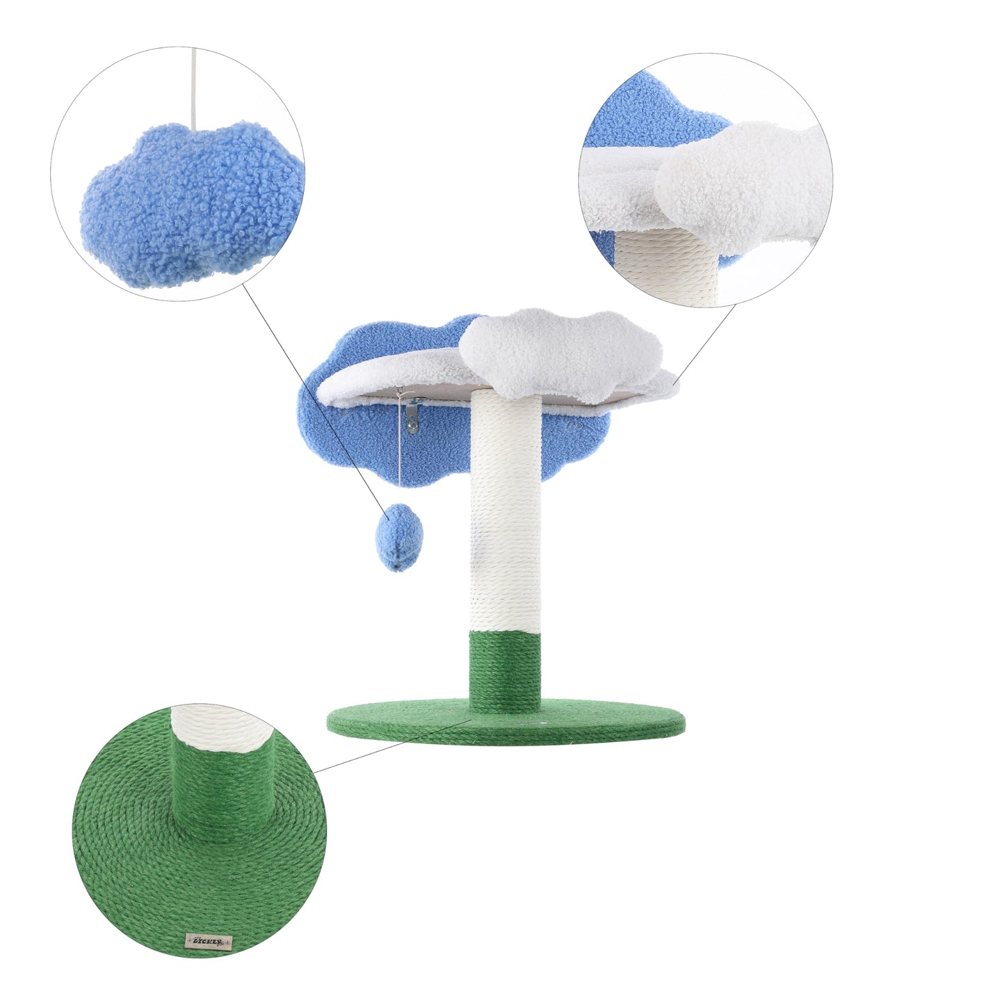 THE LICKER Store CTR1006A Sami 21.5" Modern Jute Cloud Cat Tree with Scratching Post, and Fuzzy Toy, White/Blue/Green