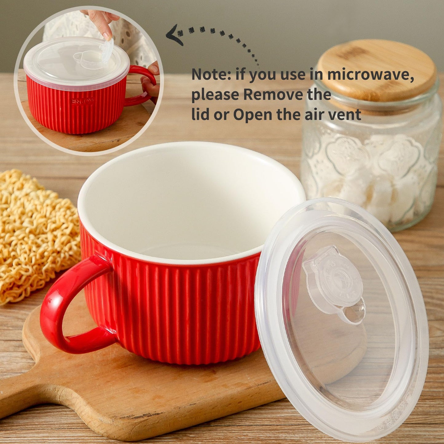 Seyatoo Soup Bowl with Handle, 5.6 inch Ceramic Soup Mug with Lid, Large Microwave Soup Cup Ramen Bowl for Oatmeal, Salad, Ramen and Instant Noodles, Red