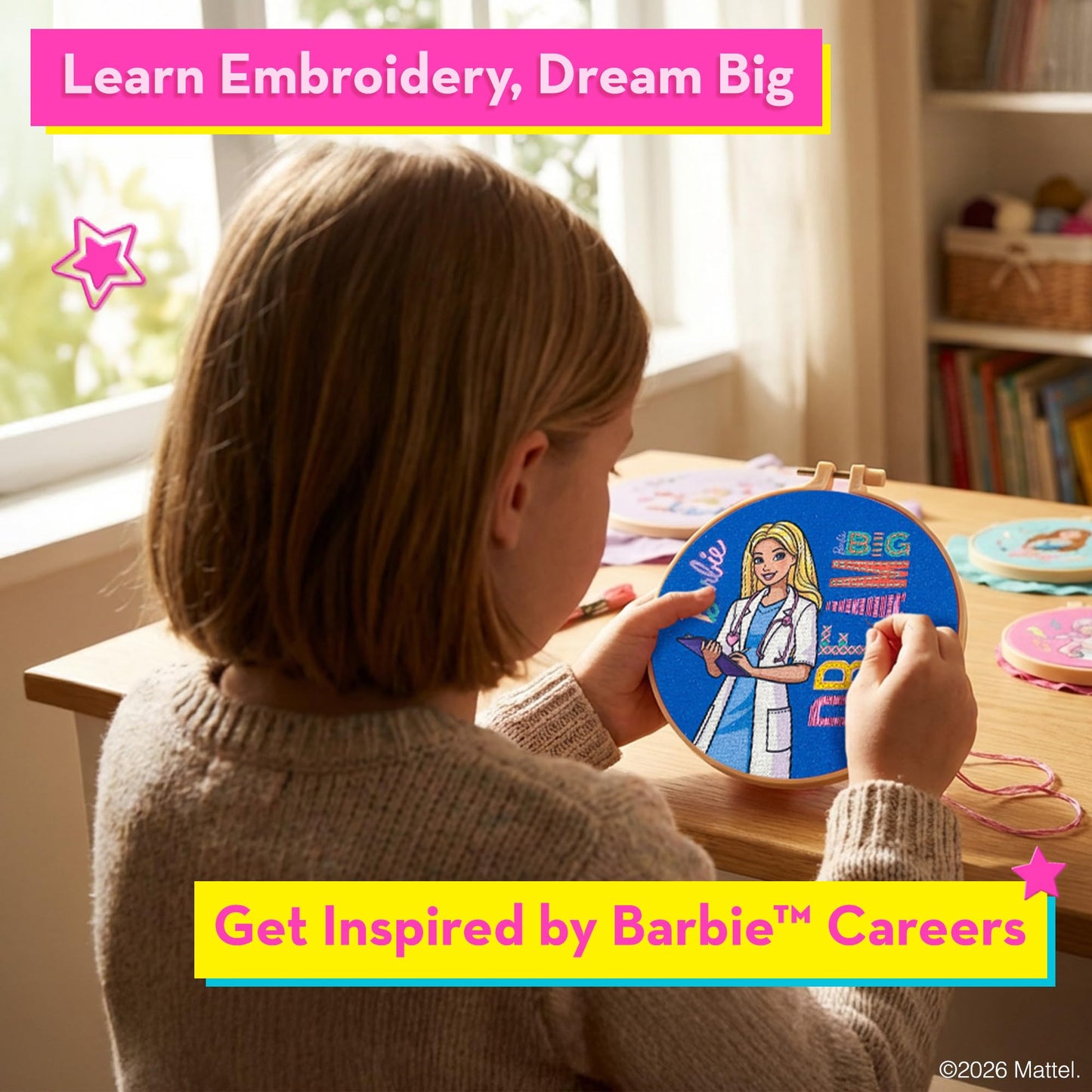 Barbie® Kids Embroidery Kit for Girls Ages 8-12 - Beginner Craft Kit with 8 Designs, 2 Hoops, Thread & Needles - Sewing Arts and Crafts Gift Set
