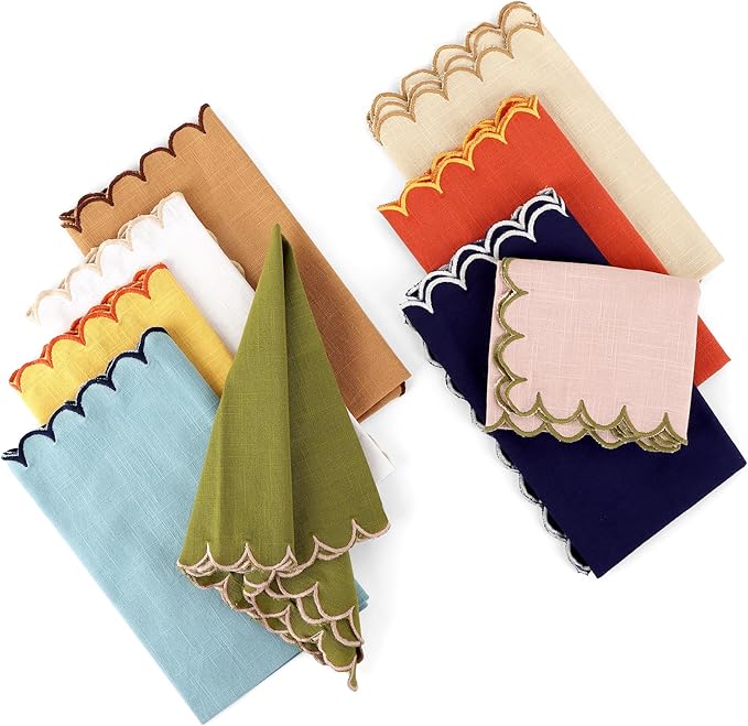 FINGERCRAFT Cloth Napkins, Everyday Use Scallop Design, Premium Quality Cotton Napkin Set of 6 Perfect for Parties Dinners Weddings Easter Napkin Cloth 20x20 inch Aqua/Navy