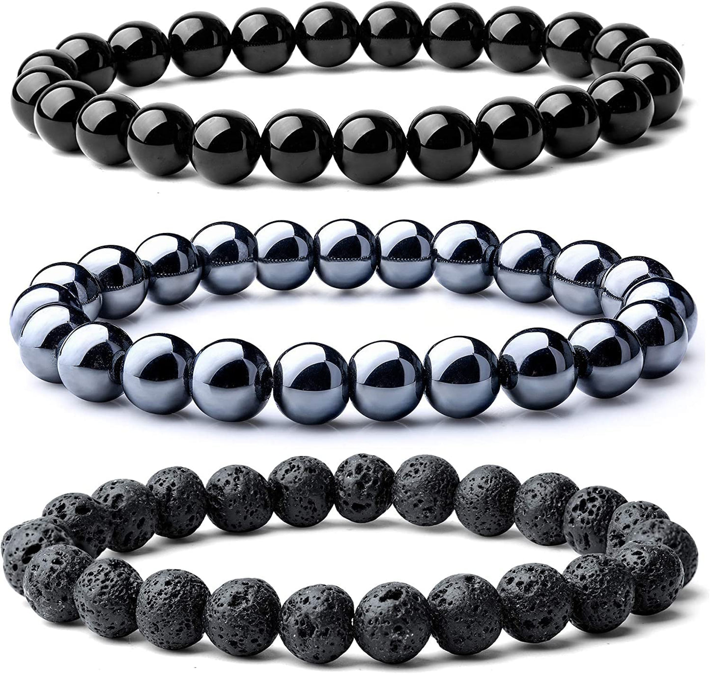 WFJ Mens Triple Protection Black Beaded Bracelets Set: Hematite Obsidian and Lava Stone Stretch Bracelet, Men Feng Shui Minimalist Accessories