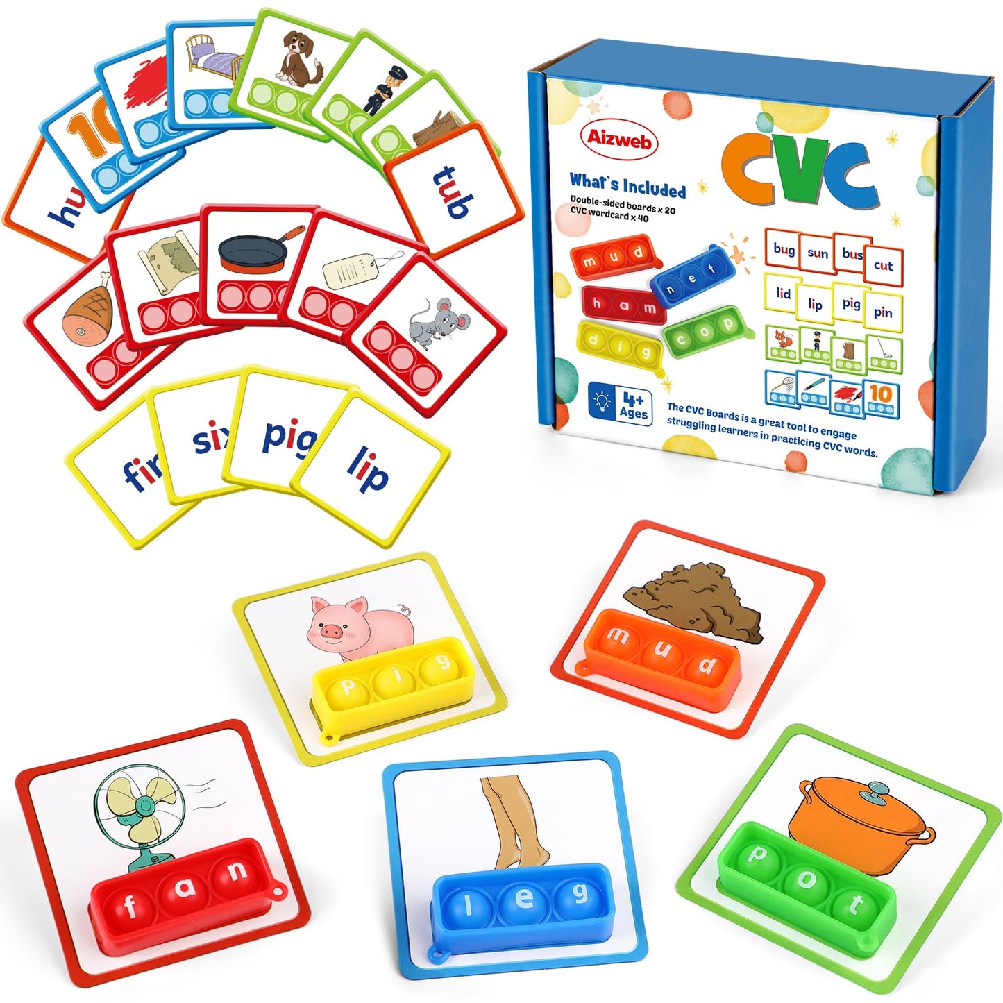 Aizweb CVC Word Games Kindergarten,Phonics Games for Kids Ages 3-8,CVC Flashcards for Preschool Special Education Classroom Supplies,Reading&Spelling Activity Phonics Manipulatives for Kids