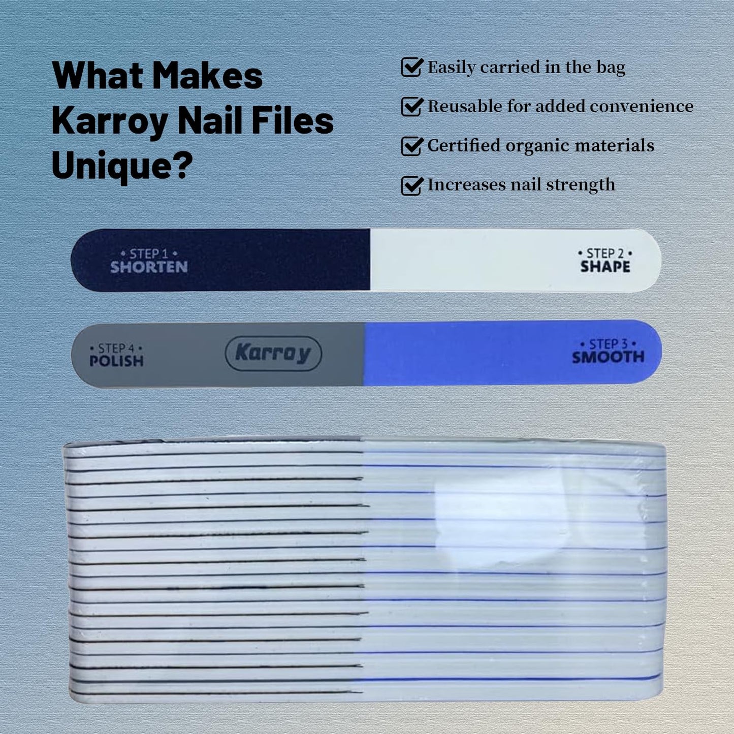 Karroy Nail File and Buffer for Natural Nails Dual Sided 4 Steps Shorten-Shape-Smooth-Polishing Nail Tools 20pcs