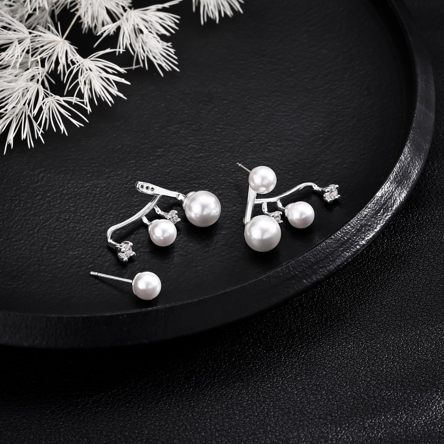 Freekiss Silver Vintage Pearl Ear Jacket Earrings: Dainty Front Back Earrings with Pearl CZ Sterling Silver Plated Bridal Wedding Eearring Set Hypoallergenic Jewelry for Women