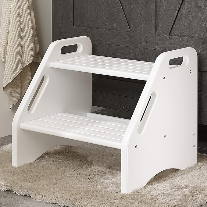 AMBIRD Wooden Two Step Stools Toddler with Safety Non-Slip Pads and Handles, Bamboo Step Stool for Bathroom, Bedroom, Kitchen Dual Height Step Stools for Kids (White)