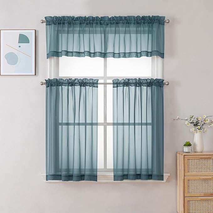 Chyhomenyc Sheer Valances for Windows 2 Pack, Small Window Curtains for Living Room Bathroom Cafe Laundry Basement, Modern Top Dual Rod Pocket Voile Curtain, 42W x 18L inches, Stone Blue