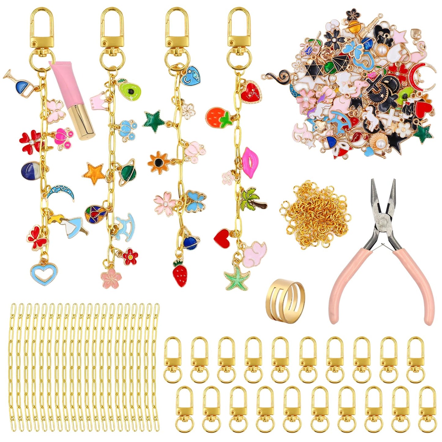 Gaiett 302 Pcs Keychain Making Kit with Charms, Bag Charm Making Kit Including 100 Charms 20 Keychain Clips Hooks 20 Extender Chains 160 Jump Ring and Jewelry Plier for DIY Gift