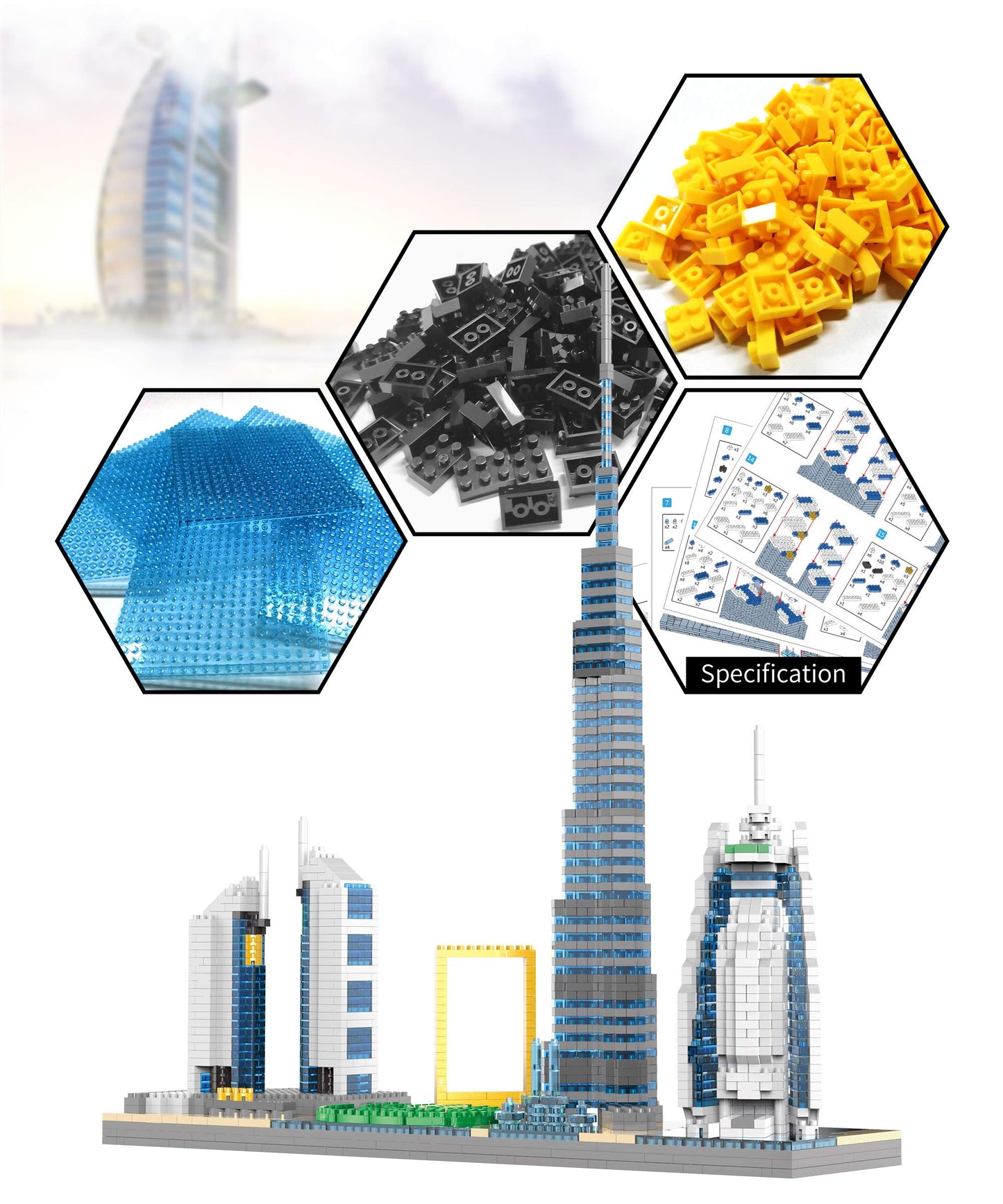 KLMEi World Famous Landmarks Architecture Skylines Series Dubai Skyline Micro Building Blocks Set for Adult Age of 14+ Assembly Construction 3D Present Kit 2545 pcs