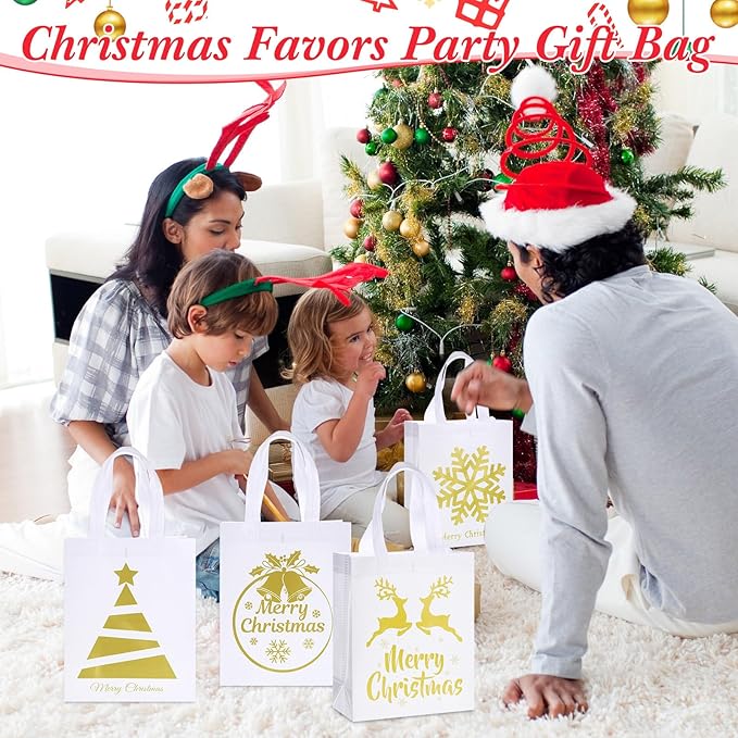 Wesnoy 48 Pcs Christmas Gift Bags Bulk 10 x 8 x 4 Inch White Gold Metallic Goodies Bags Reusable Non Woven Christmas Party Favors Candy Treat Totes with Handle for Holiday Gift Birthday Party Supplies