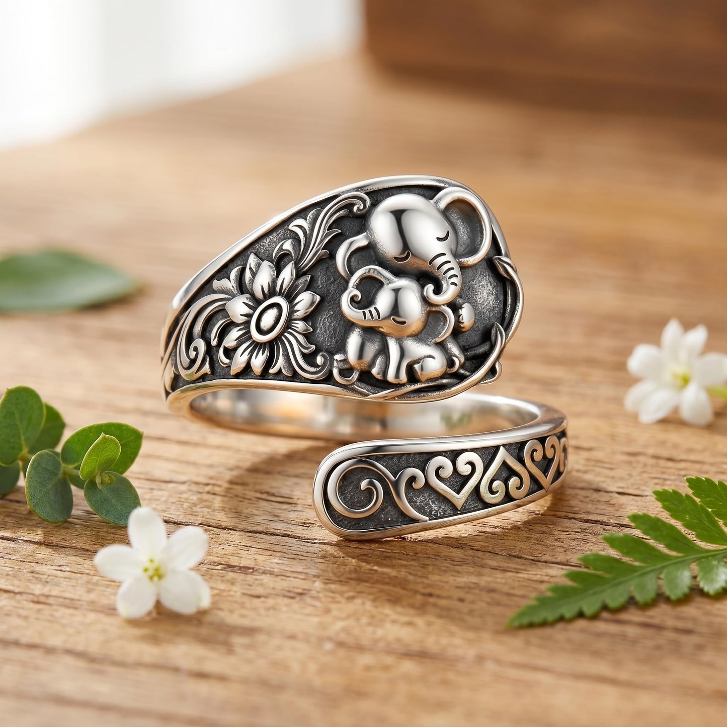 Midari Elephant Ring 925 Sterling Silve Mother Daughter Open Love Spoon Ring Finger Engraved Adjustable Mother Open Spoon Thumb Rings Mom Jewelry for Women Men