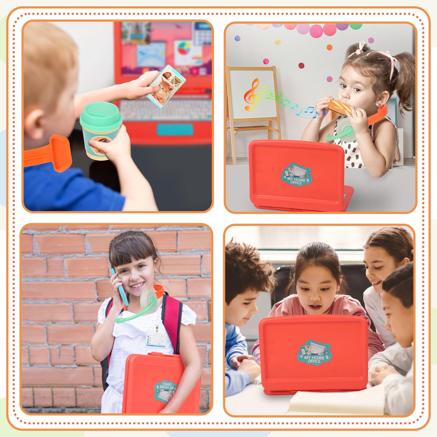 Pretend Play Home Office Set for Kids Ages 3-7, Includes Toy Kids Laptop,Cell Phone,Hamburg Harmonica,Headset & Toddlers Beverage Cup-Pretend Work Simulation Play