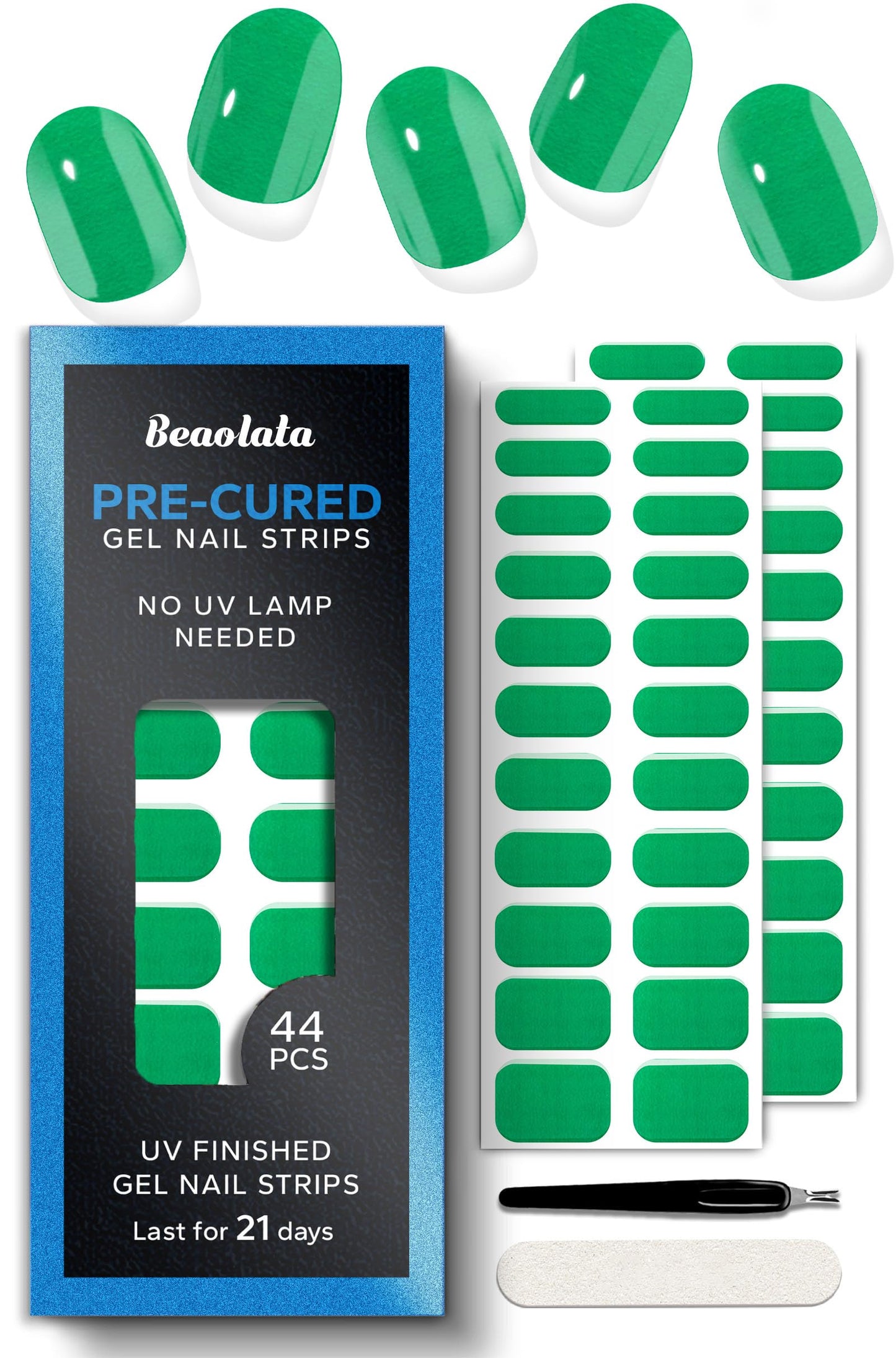 Beaolata Real Gel Nail Strips (No UV Light Needed) - 44Pcs Salon Quality Nail Stickers - Long Lasting Polish Wraps for Women, Easy Apply & Remove (Emerald)