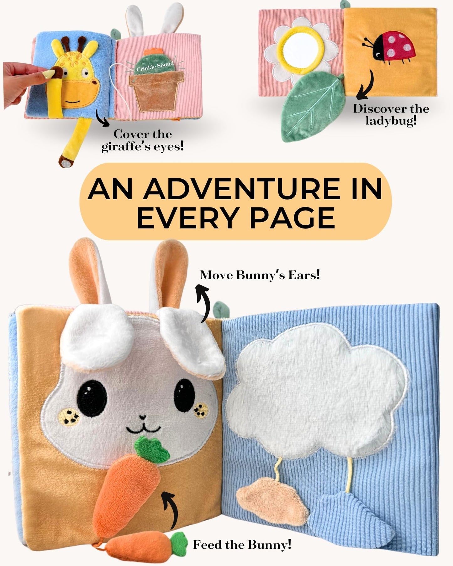 Toodly Cute Soft Baby Book with Mirror, Activities, Touch and Feel & Crinkle Pages - Interactive Sensory Cloth Toy for Babies 0-6, 6-12 & 12-18 Months - Adorable Animal Themes for Early Development