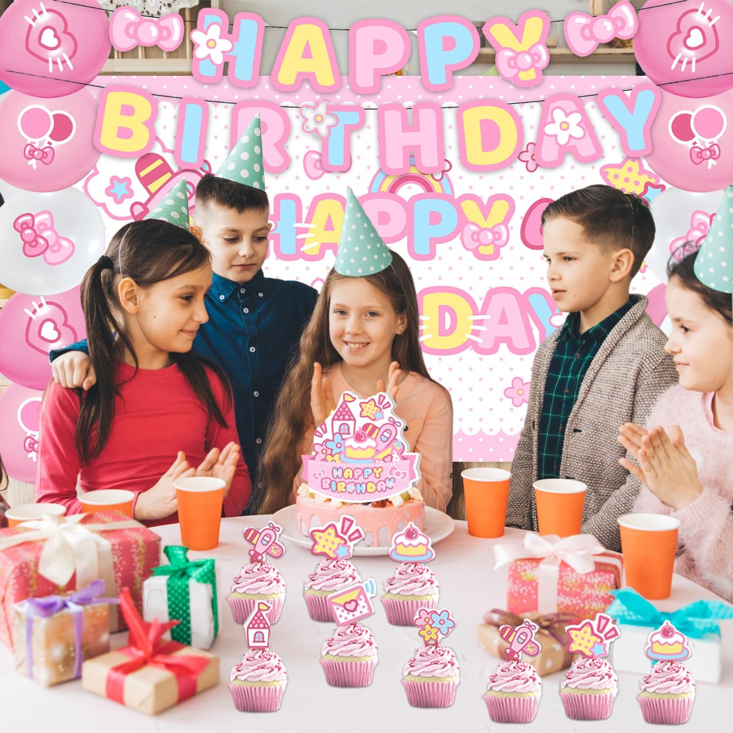 42Pack Kitty cat Party decoration pack include Banner,Cake Toppers,Balloons，Blackdrop for Kitty Birthdday Party Decoration