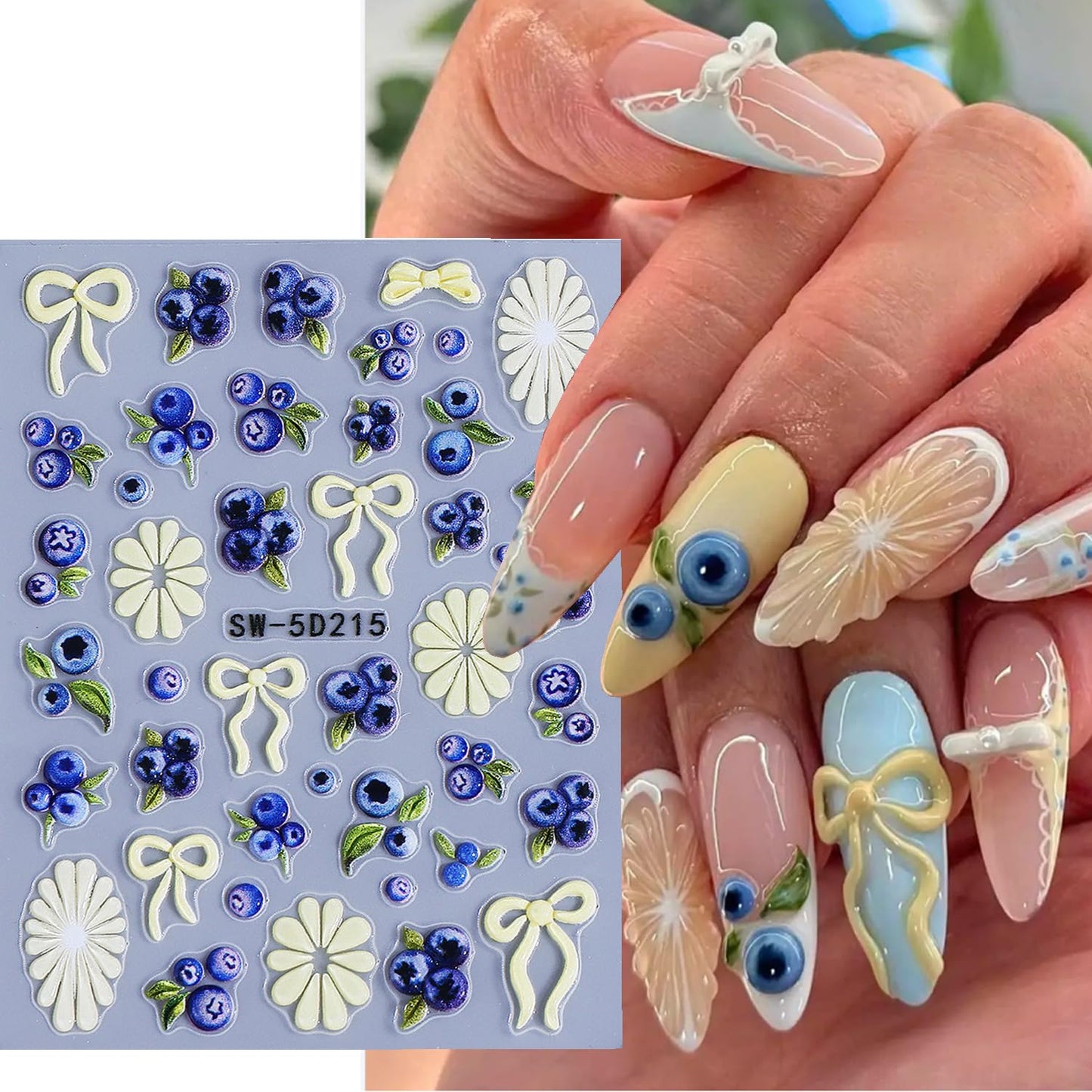 5D Flower Nail Stickers for Nail Art - Self-Adhesive 3D Embossed Floral Nail Decals with Starfish Shell & Bow Designs, Cute Summer Ocean Nail Stickers for Women DIY Manicure 4 Sheets