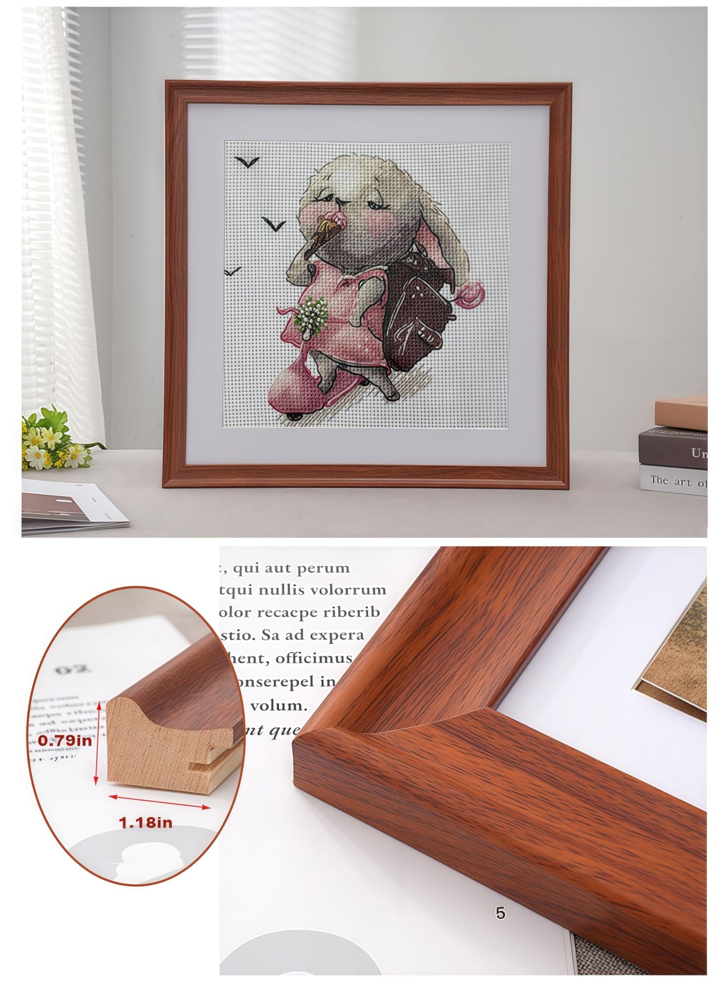 Handmade Cross Stitch Skateboarding Rabbit Wall Art with Solid Wood Frame with Envelope, Greeting Card, 10x10in Framed Pink Bunny Embroidered Nursery Decor, Funny Birthday Gifts for Children