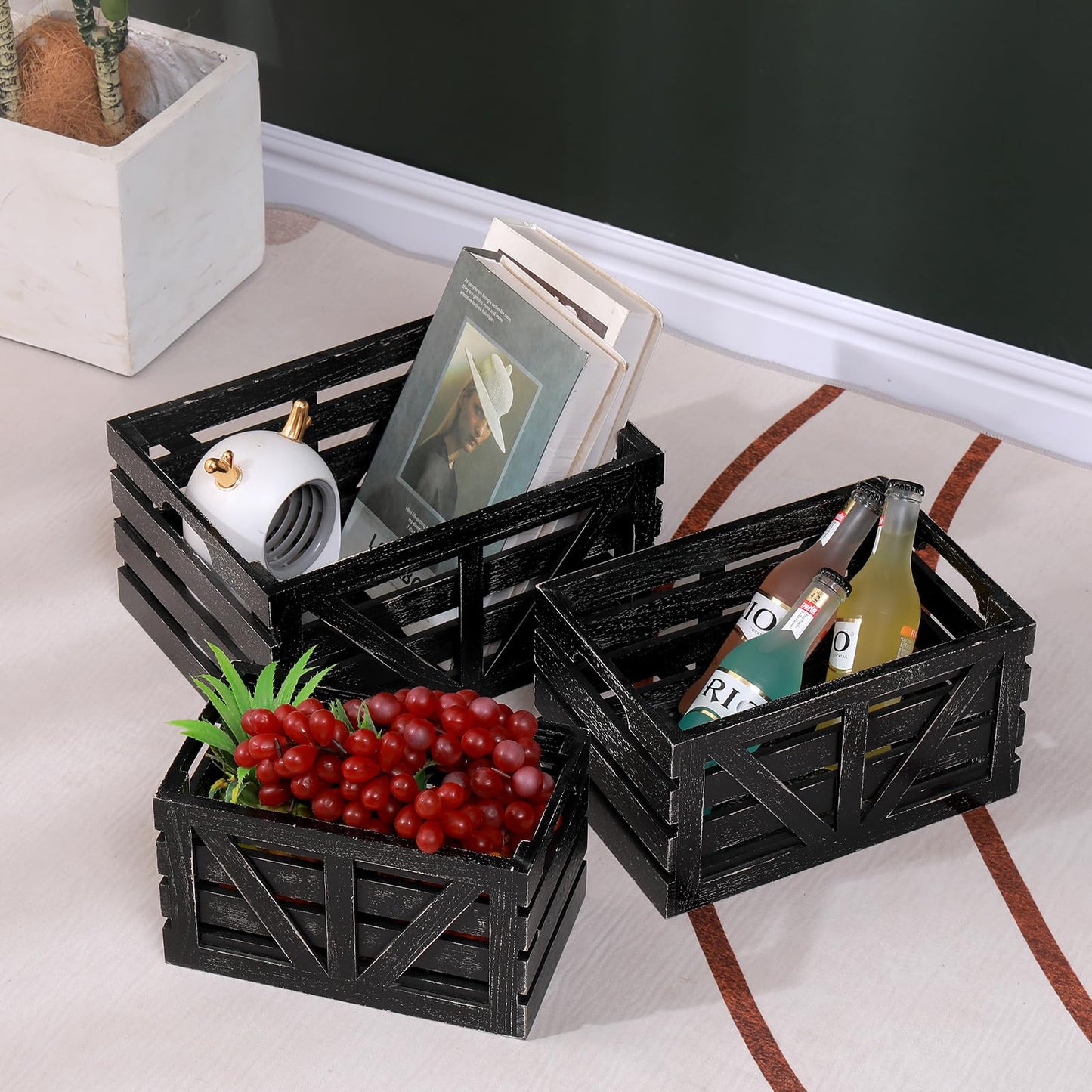 HTAYUXWO Storage Crates Nesting Wooden Boxes 3 Pack,Wood Storage Crates with Handles,Rustic Farmhouse Crates,Wooden Storage Container for Display