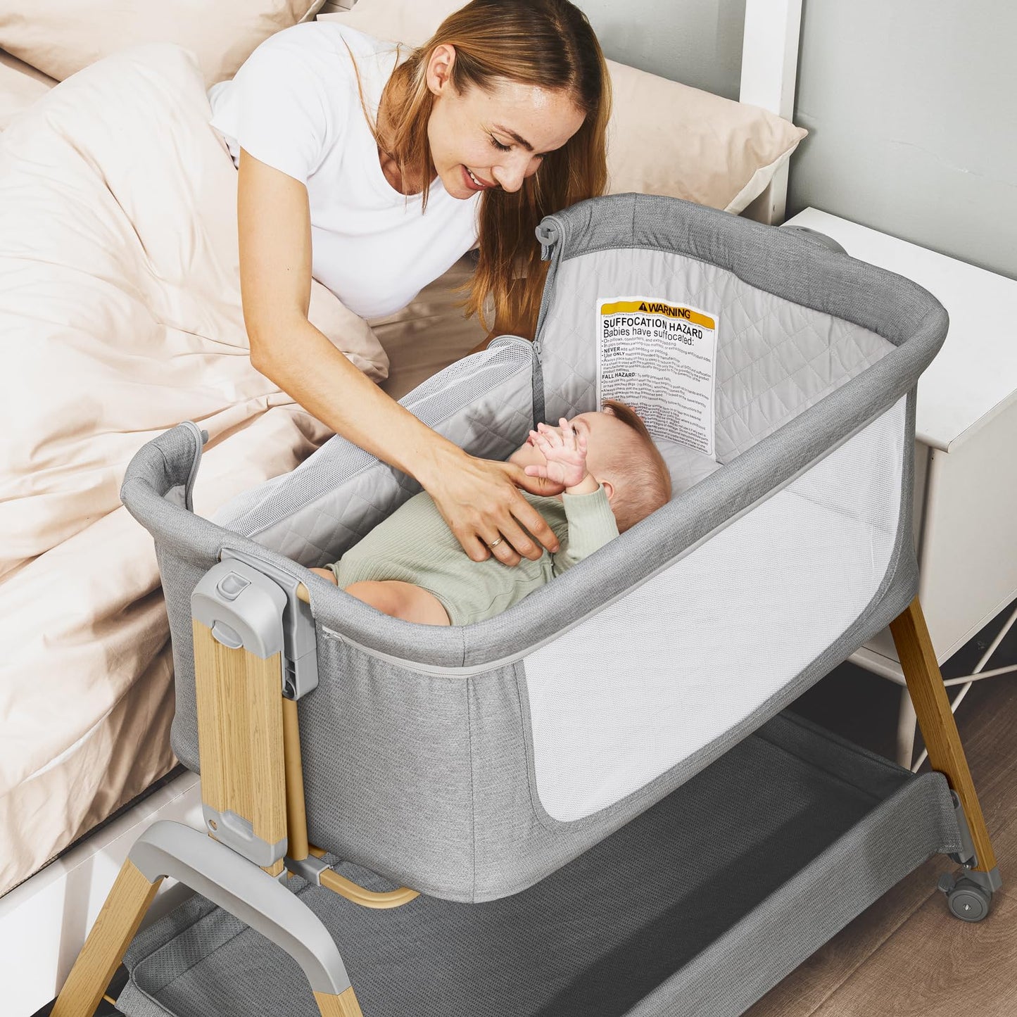 Jimglo 3 in 1 Baby Bassinet, Rocking Bassinets with Comfy Mattress and Wheels, Adjustable Height Bassinet Bedside Sleeper, Easy Folding Portable Crib for Newborn (Grey)