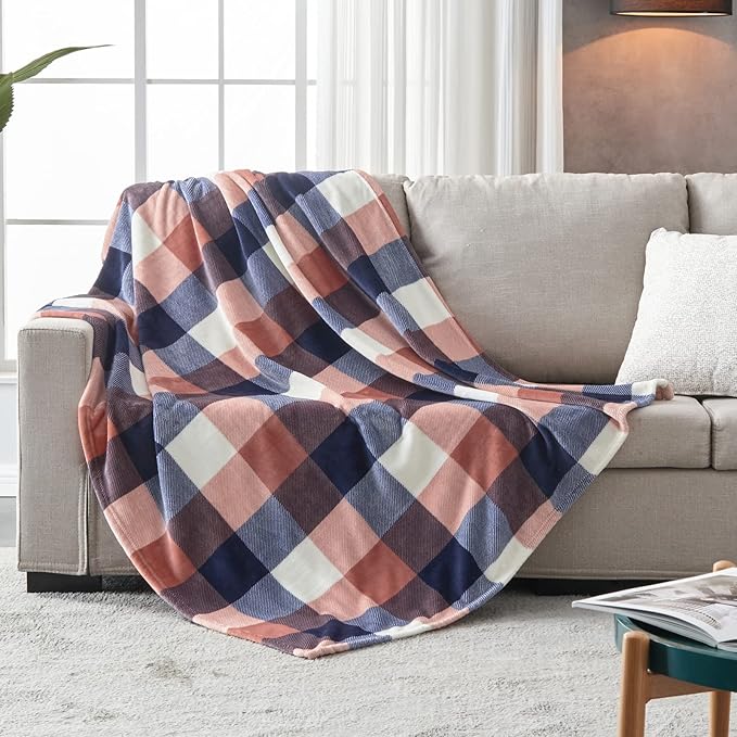SOCHOW Buffalo Plaid Flannel Fleece Throw Blanket 60 x 80 Inches, Soft Lightweight Cozy All Season Coral Pink Checkered Blanket for Bed, Couch, Car