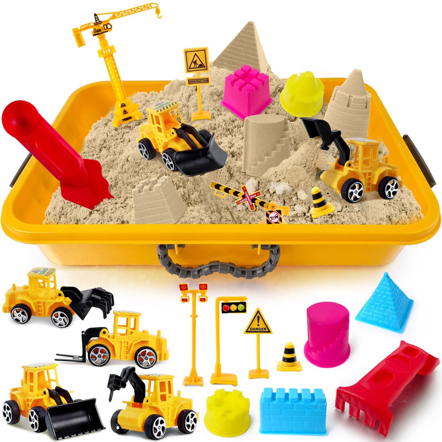 ESSENSON Construction Sensory Bin - Play Sand Kit with Toy Truck and 4lbs Magical Sand, Pretend Play Beach Sensory Toy Sandbox, Kids Gifts for Girls and Boys