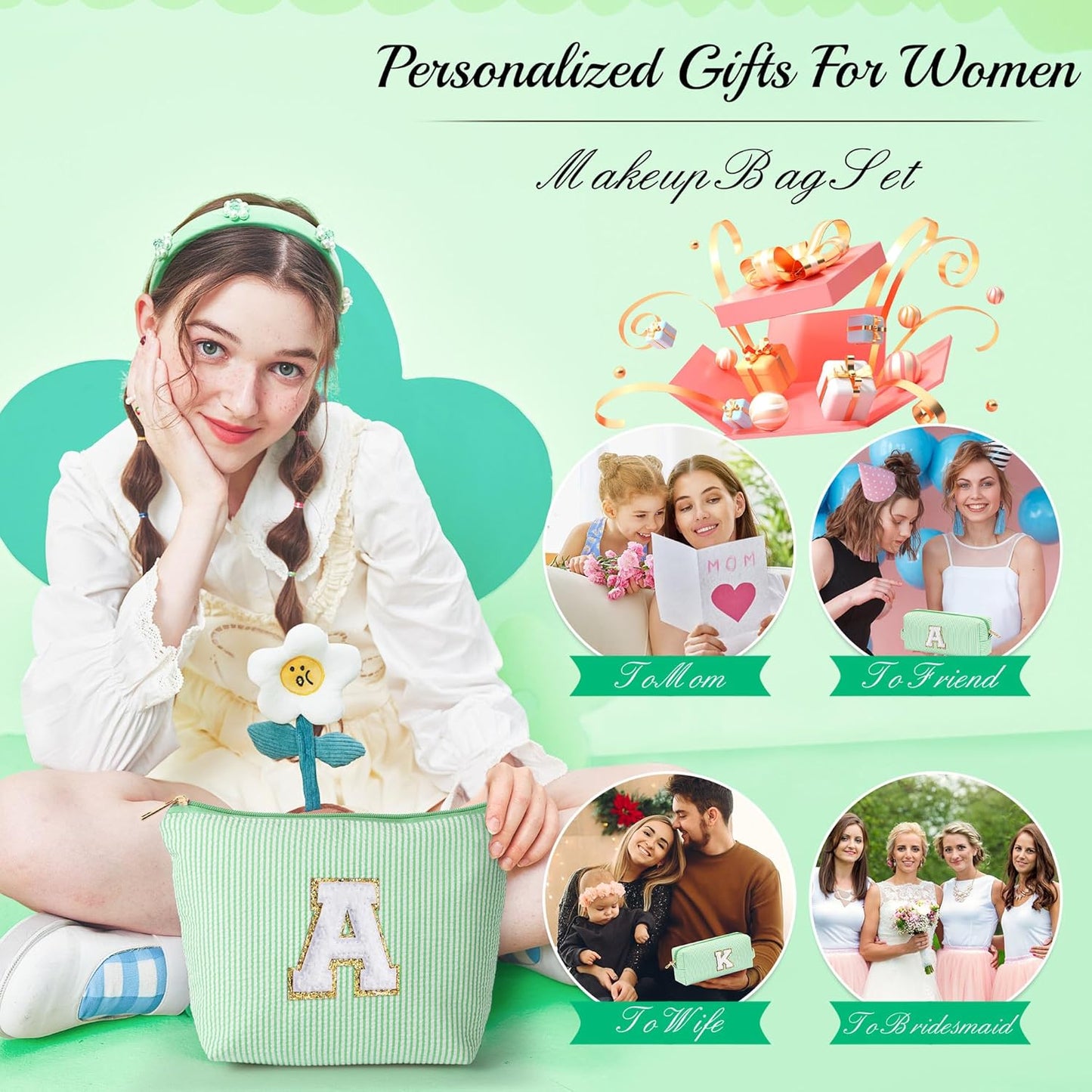 YOOLIFE Gifts for Girls Teen Girls - 2 Travel Makeup Bag | Initial Make Up Bag | Personalized Gifts for Women Friends | Skin Care Bag | Makeup Bag for Girls Teen Girls | Tween Girls Trendy Stuff A