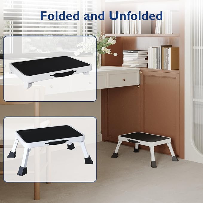 BONTEC Foldable Step Stool, Step Stool with Non-Slip Platform, Step Ladder with Thick Rubber Feet, 330lbs Capacity, Ideal for Adults and Children in Kitchen, Bedroom, Office, RV, White