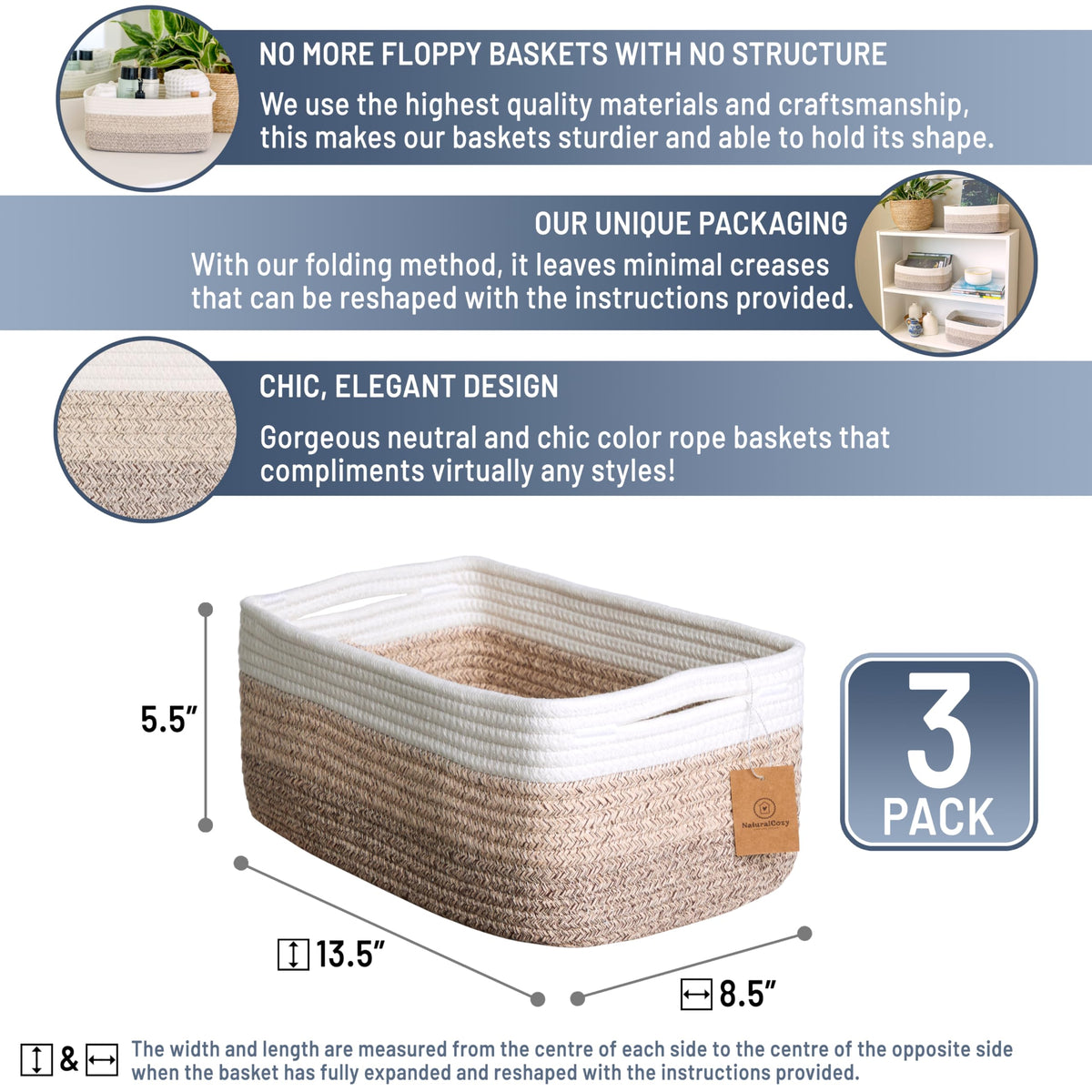 13.5”x8.5”x5.5” Storage Baskets for Shelves 3 Pack (3 Count)