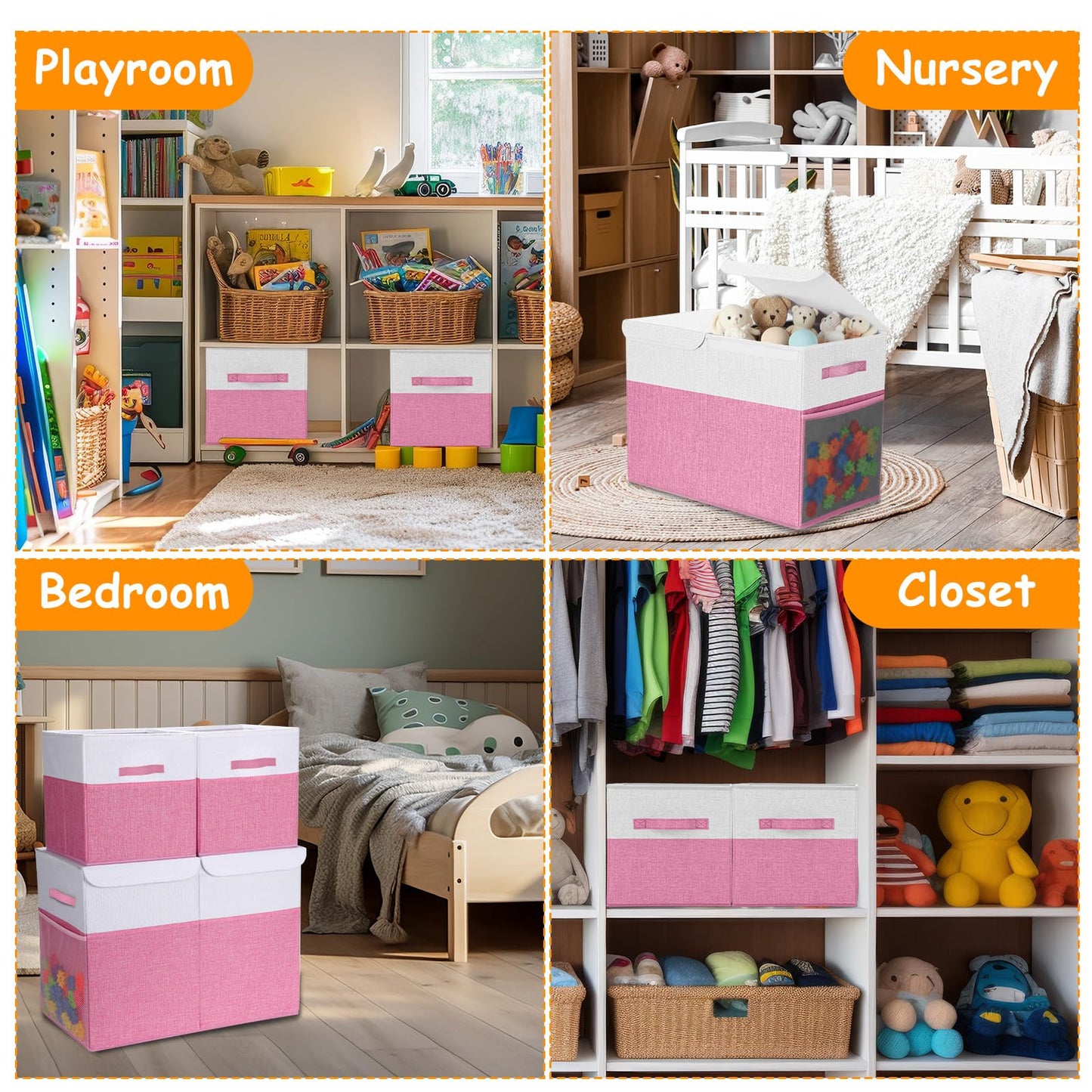 Fiwochic 3 Pack Large Storage Bins Set 23" Toy Chest Storage with Lids and 11" Cubes Organizer Bins for Kids Bedroom Closet Shelf Organizer for Clothes Blankets Nursery Playroom(Pink White)