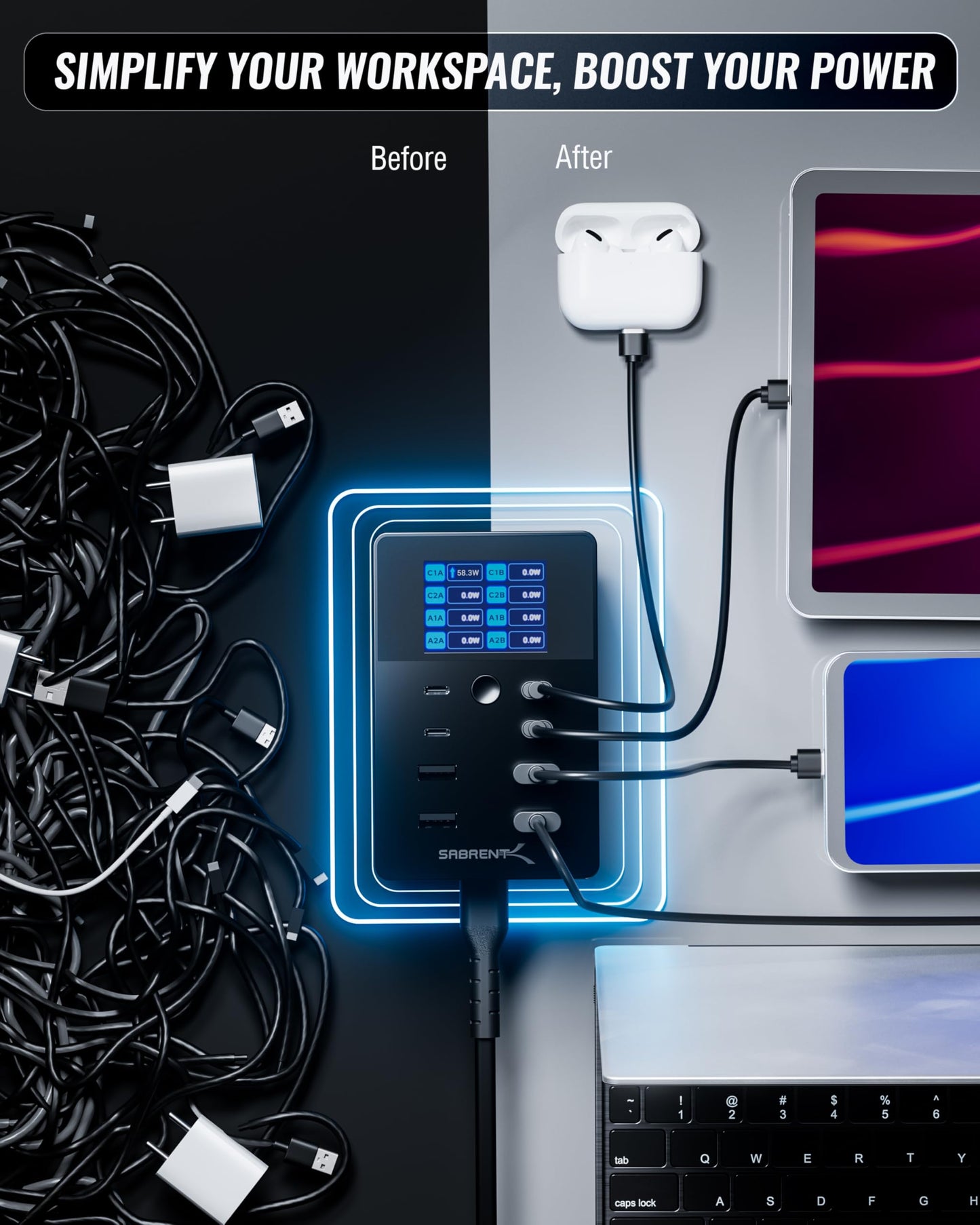 SABRENT VOLTIK Charging Station, 252W 8-Port USB C and USB A Desktop Charger, UL Certified with Real-Time LCD Display, Fast Charging for MacBook, iPhone, Samsung and More