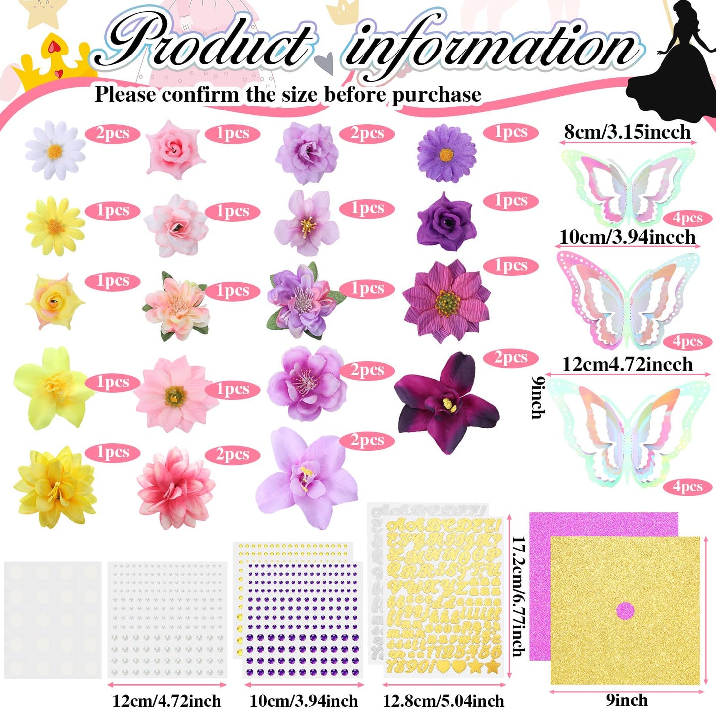 Wavwavw 47 Pcs DIY Purple Graduation Cap Decorations Accessory Kit 3D Artificial Flowers Butterfly Decals Rhinestone Pearl Stickers Letter Stickers Glitter Paper for Grad Hats Decor