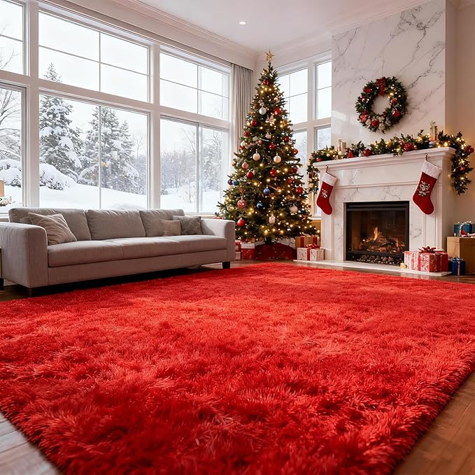 Red Shag Area Rugs for Bedroom Living Room,Ultra Soft Fluffy Christmas Area Rugs 9x12 for Dorm,Indoor Carpet Nursery Rugs for Kids Girls Room Home Decor (Red, 9X12 Feet)