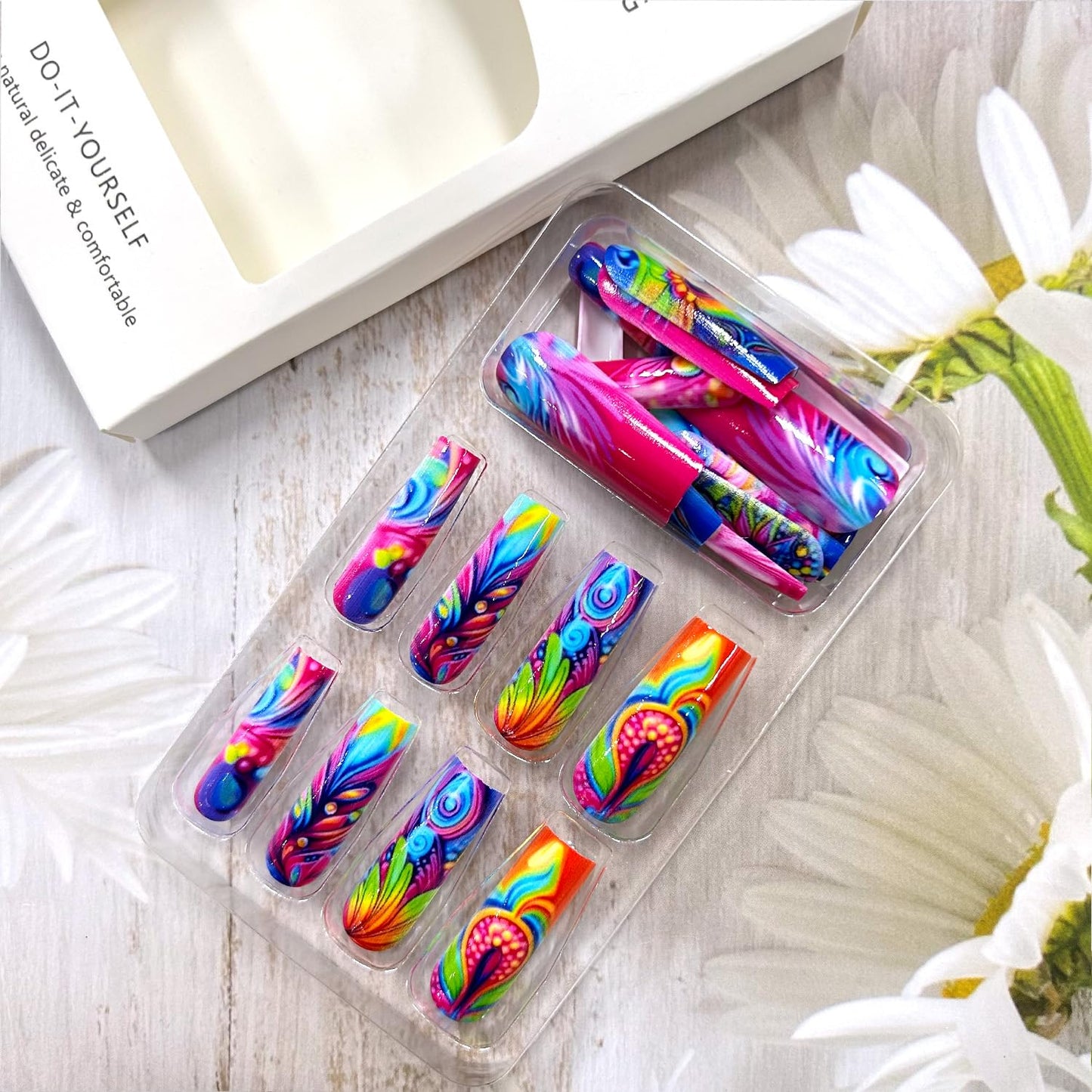 CJDLTS 24Pcs Press on Nails Long Length Colorful False Nails Peacock Feather Pattern Design Press Nails Full Cover Coffin Nails Artificial Acrylic Glue on Nails Ballet Shaped Stick on Nails for Women